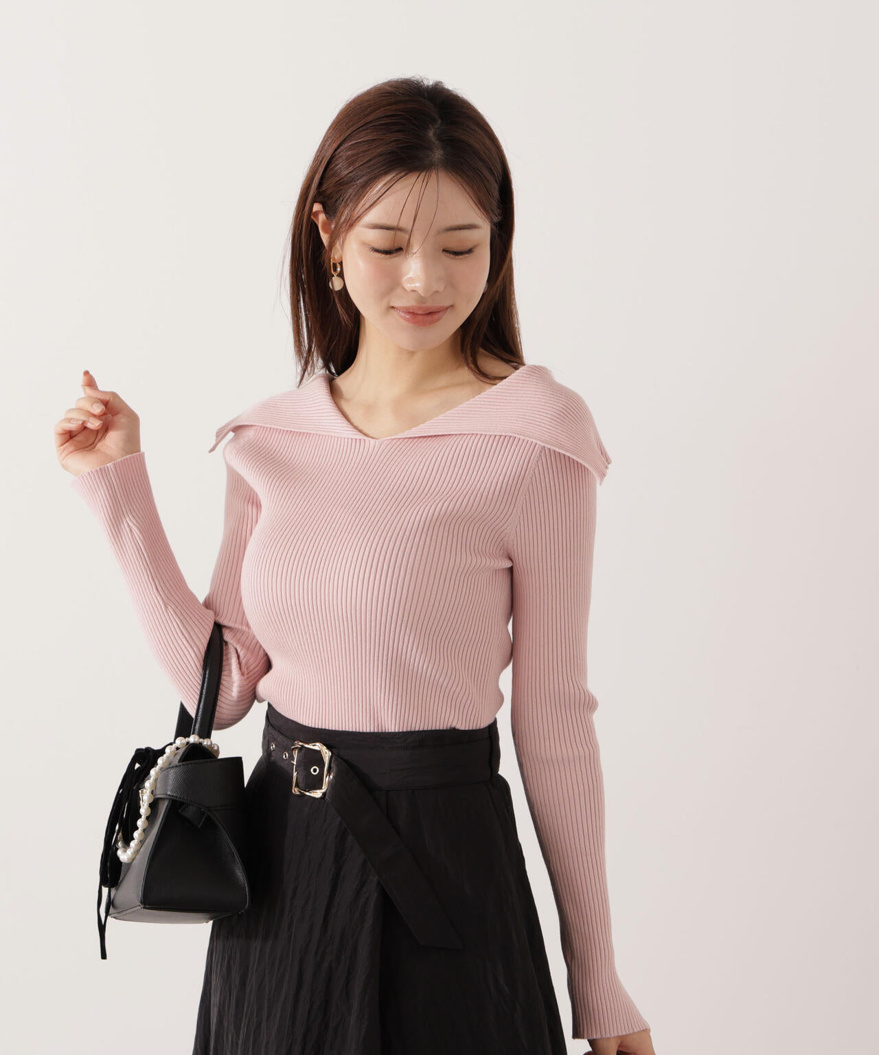 【青島心さん着用】オープンカラーリブニット