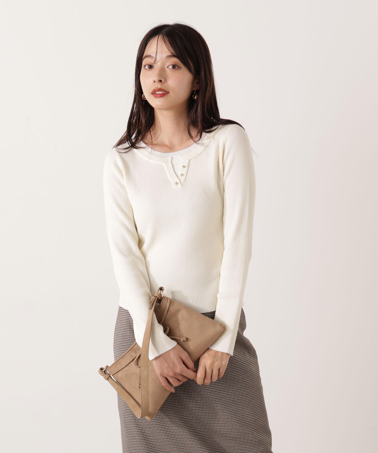 ウォッシャブル＞レイヤード風ヘンリーネックニット