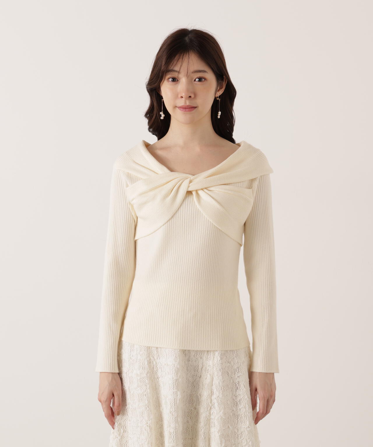 リボンオフショルリブニット