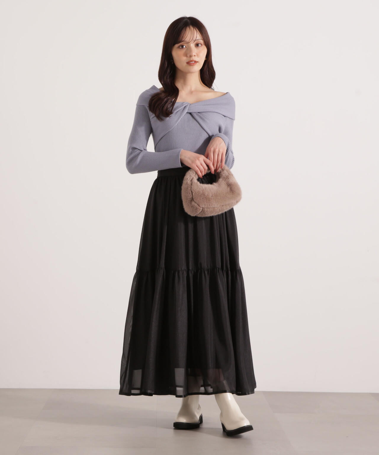 リボンオフショルリブニット