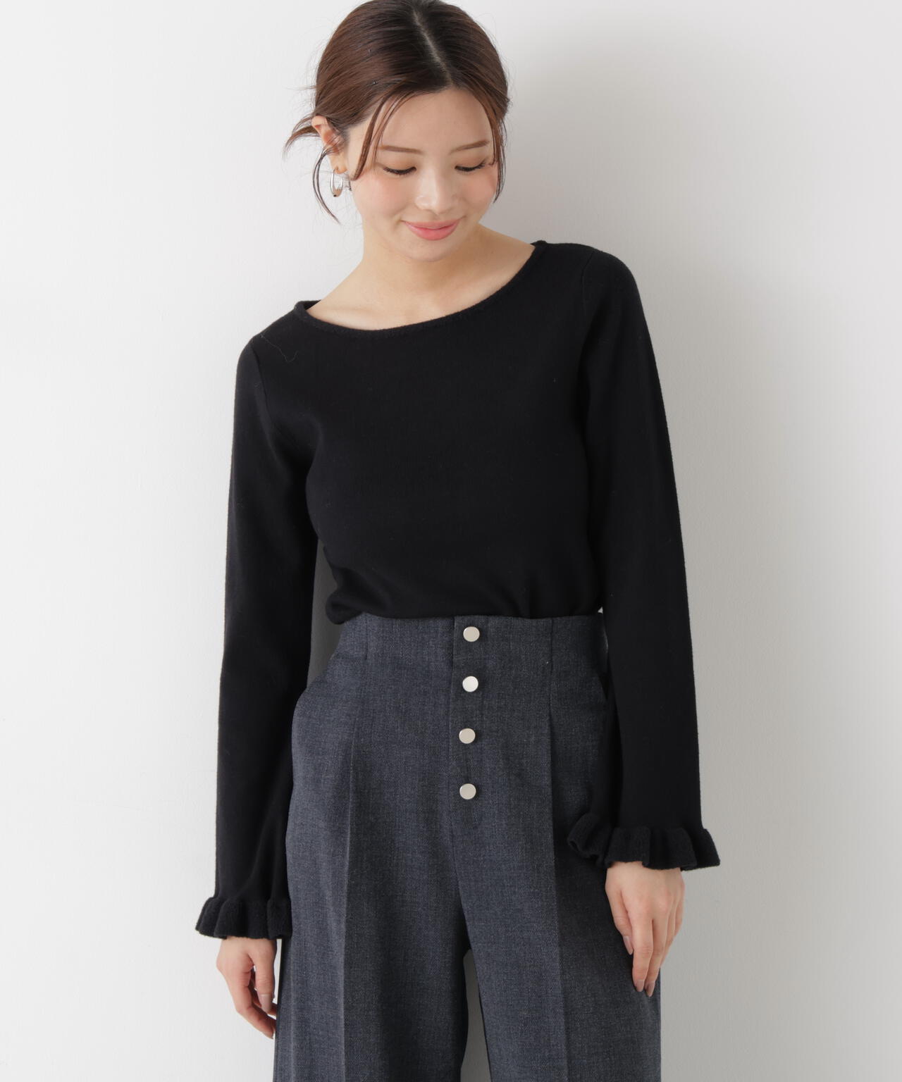 ＜ウォッシャブル＞ミニフェザー部分スリーブニット