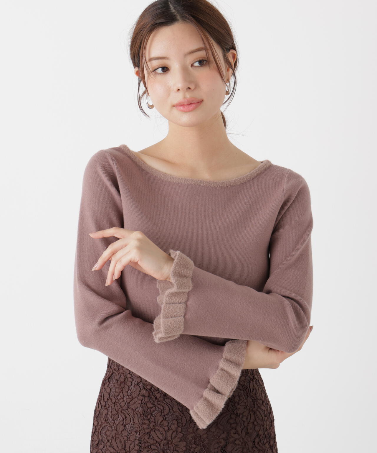 ＜ウォッシャブル＞ミニフェザー部分スリーブニット