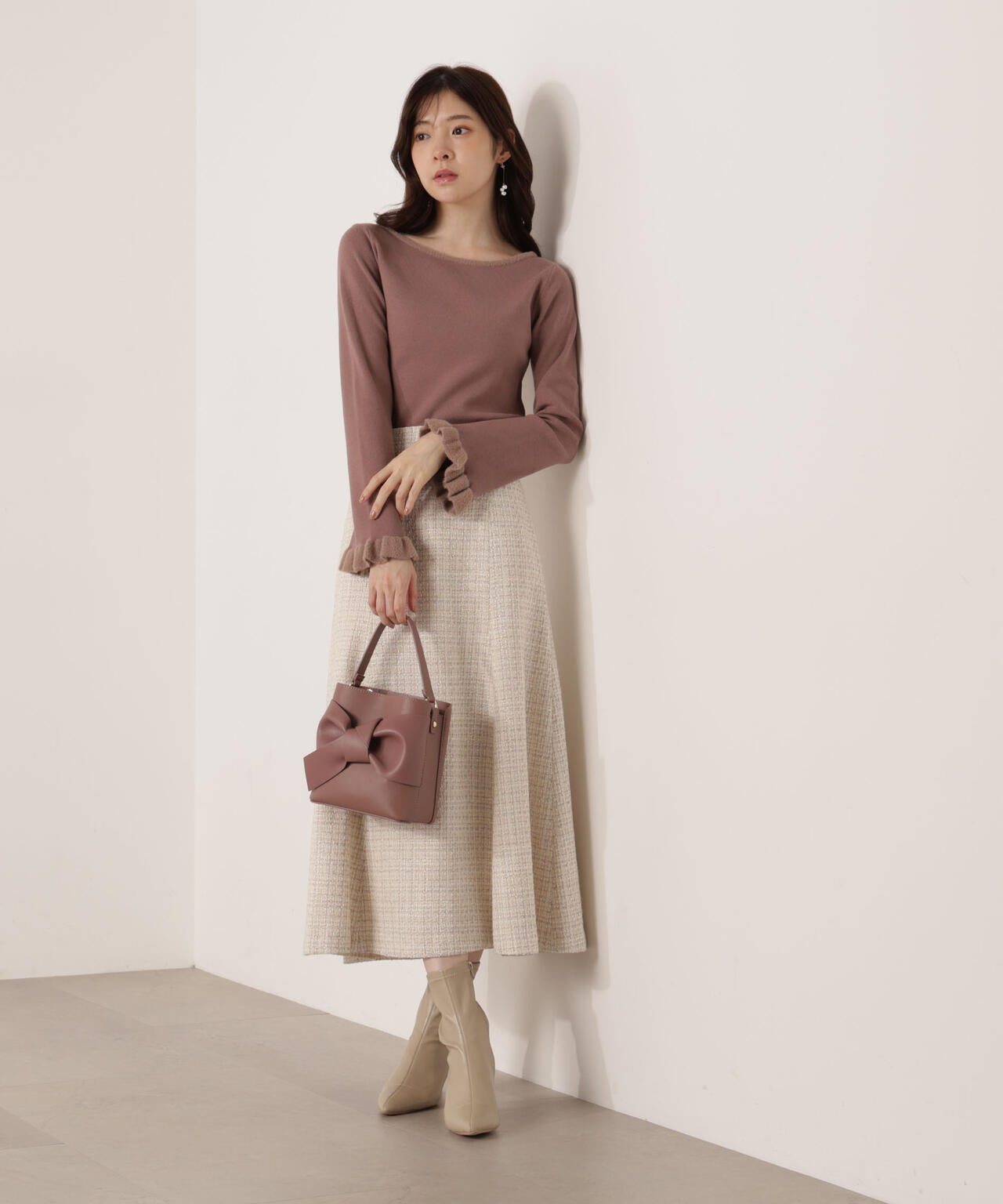 ＜ウォッシャブル＞ミニフェザー部分スリーブニット