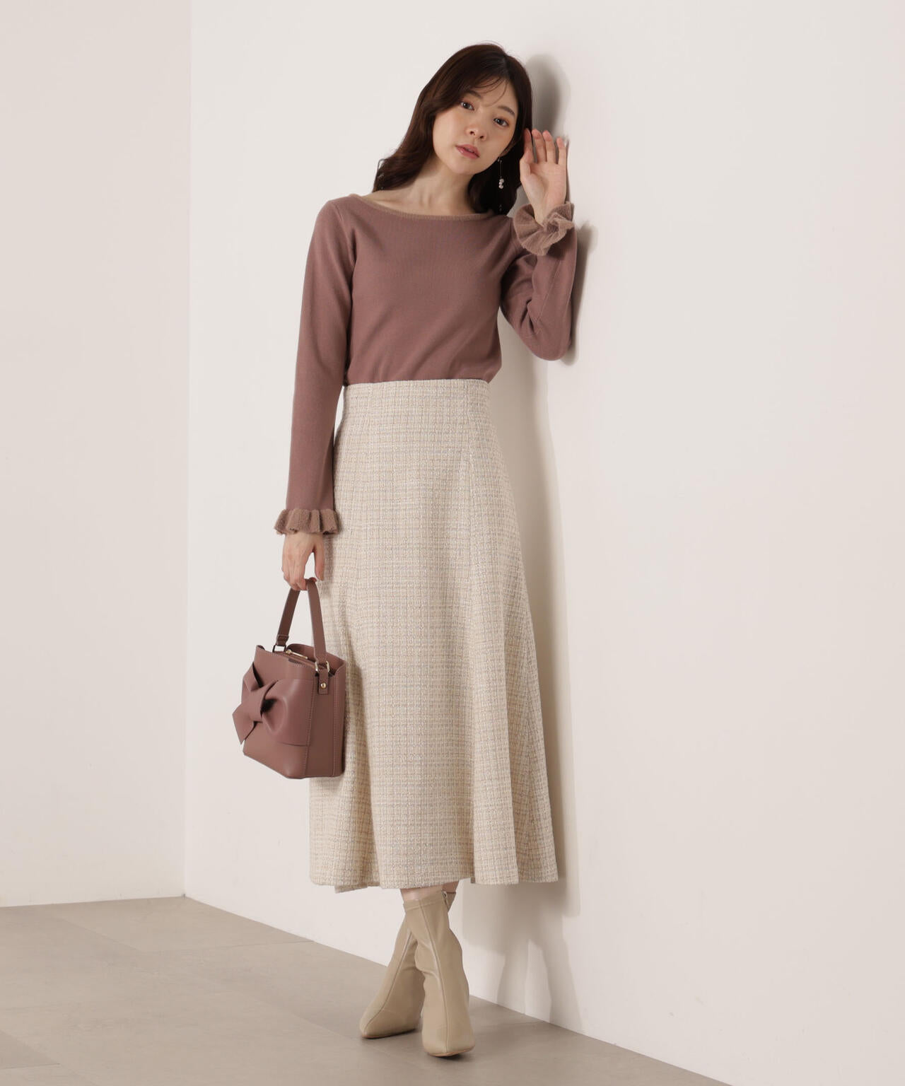 ＜ウォッシャブル＞ミニフェザー部分スリーブニット