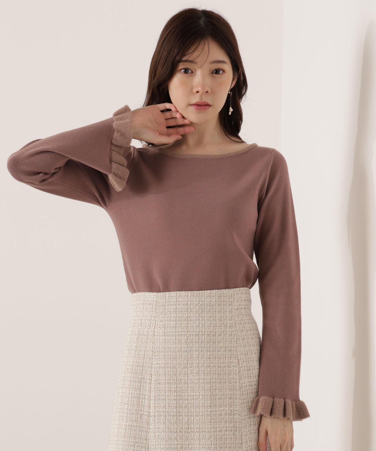 ＜ウォッシャブル＞ミニフェザー部分スリーブニット