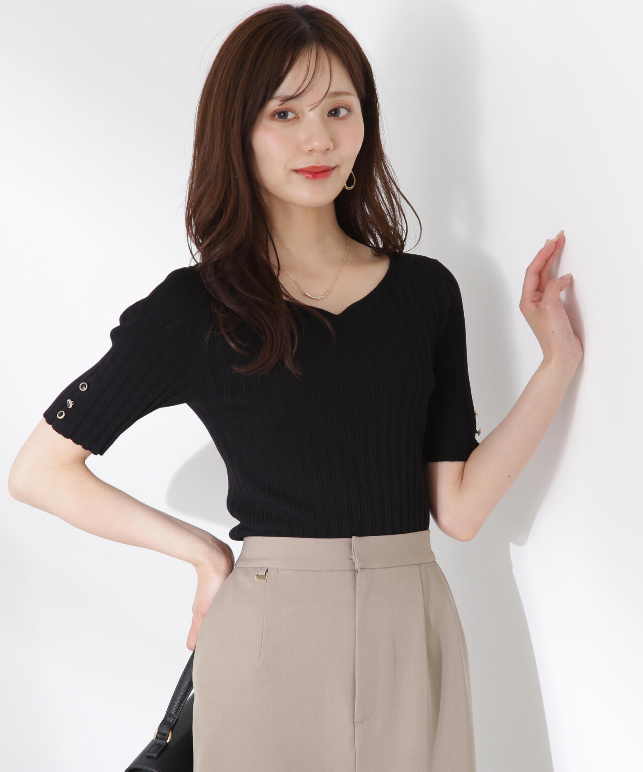 ハートネック半袖リブニット