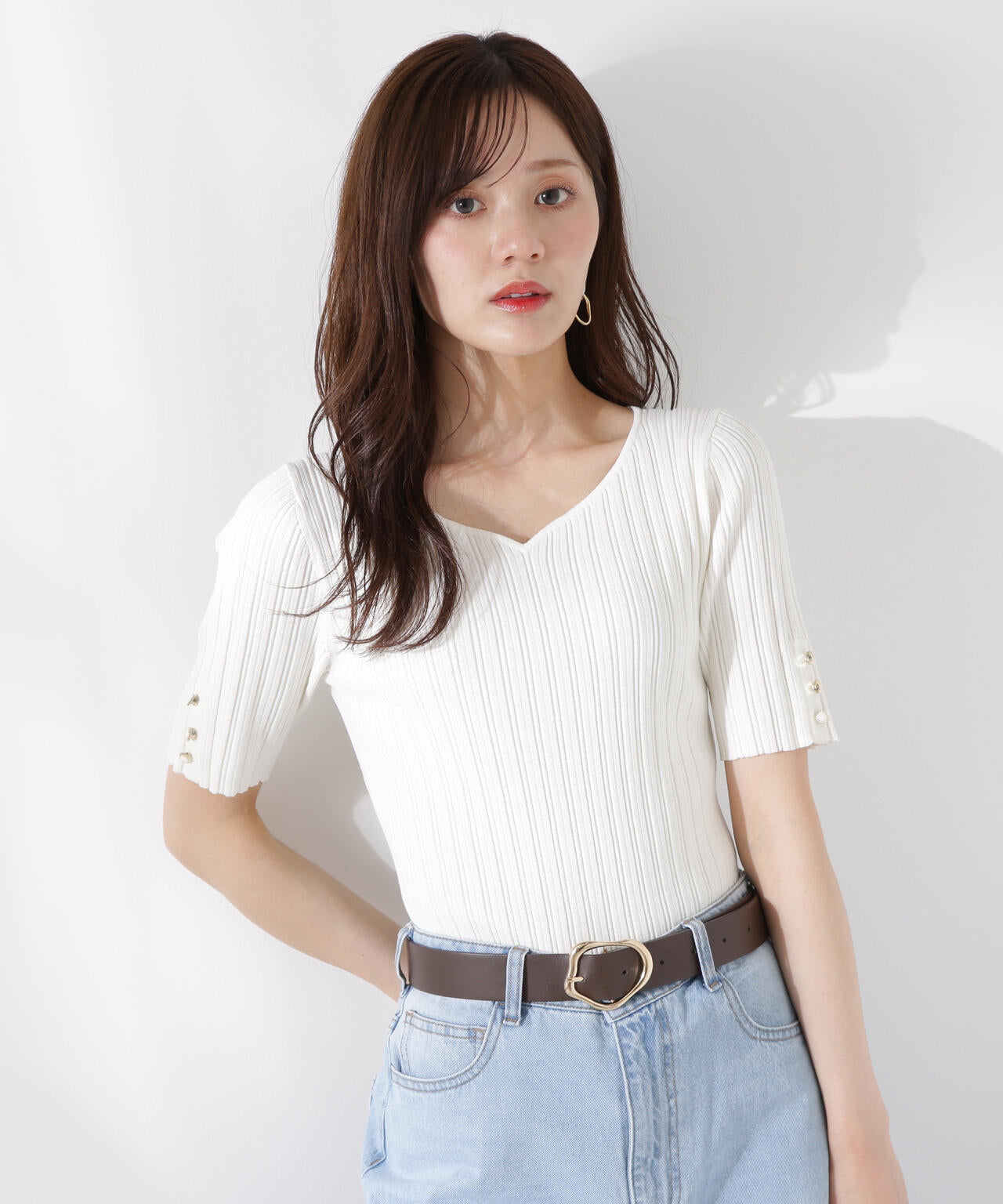 ハートネック半袖リブニット