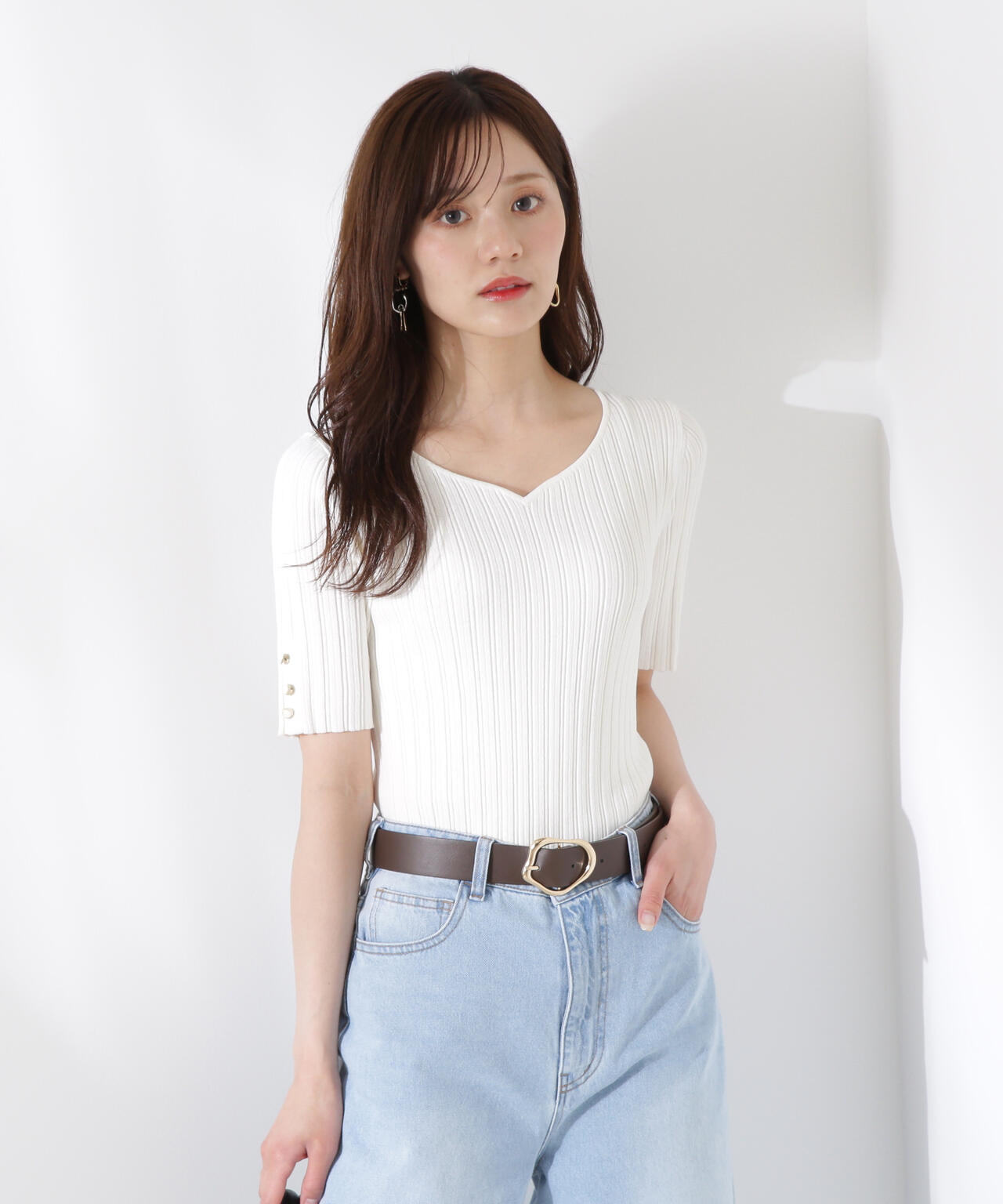 ハートネック半袖リブニット