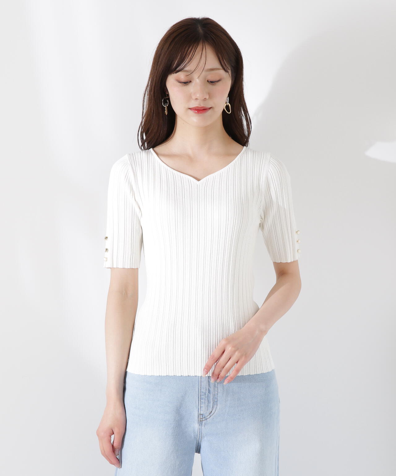 ハートネック半袖リブニット