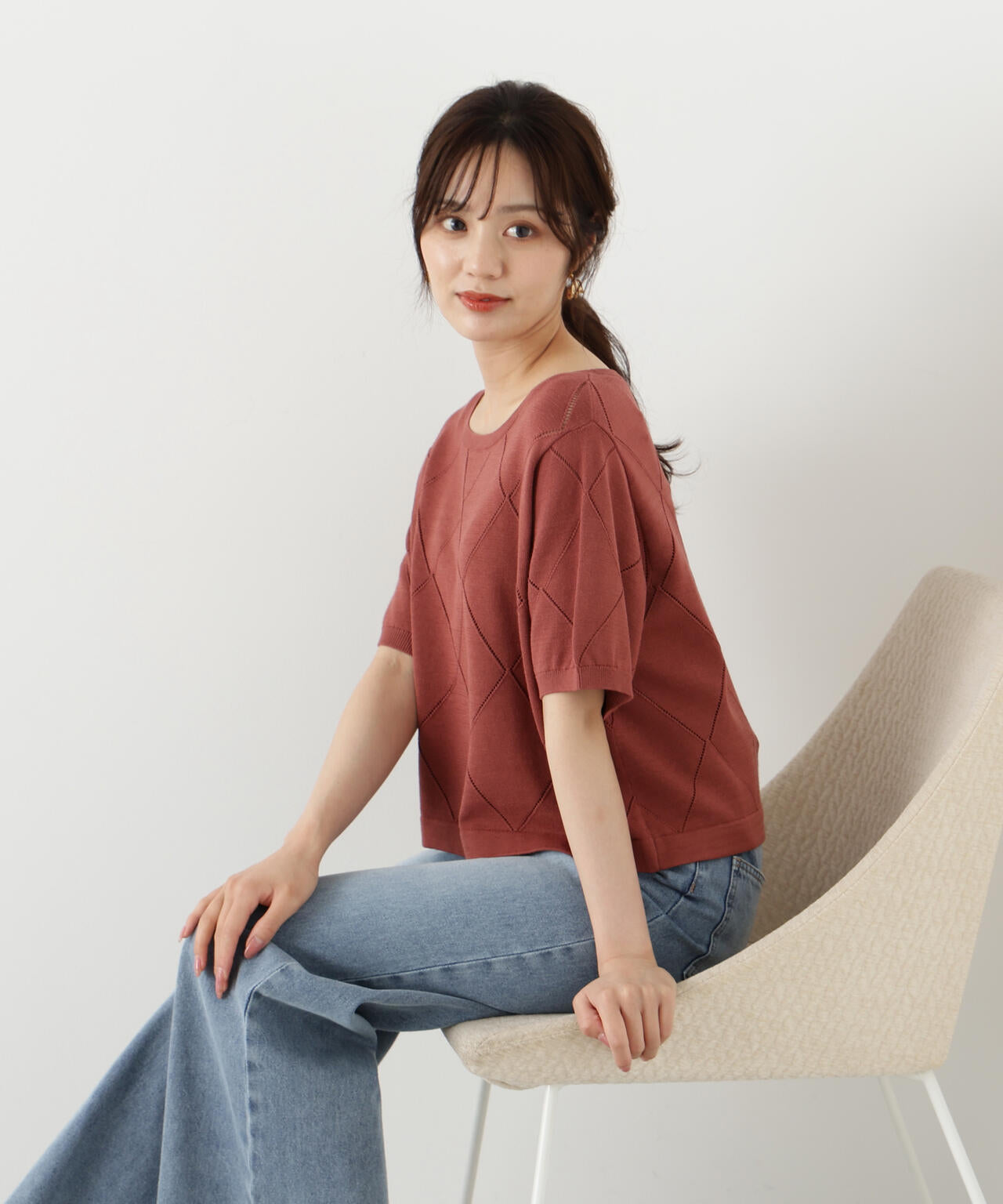 ＜ハンドウォッシャブル＞ダイヤ柄半袖ニット