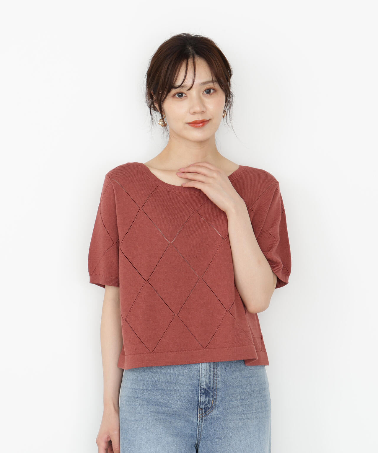 ＜ハンドウォッシャブル＞ダイヤ柄半袖ニット