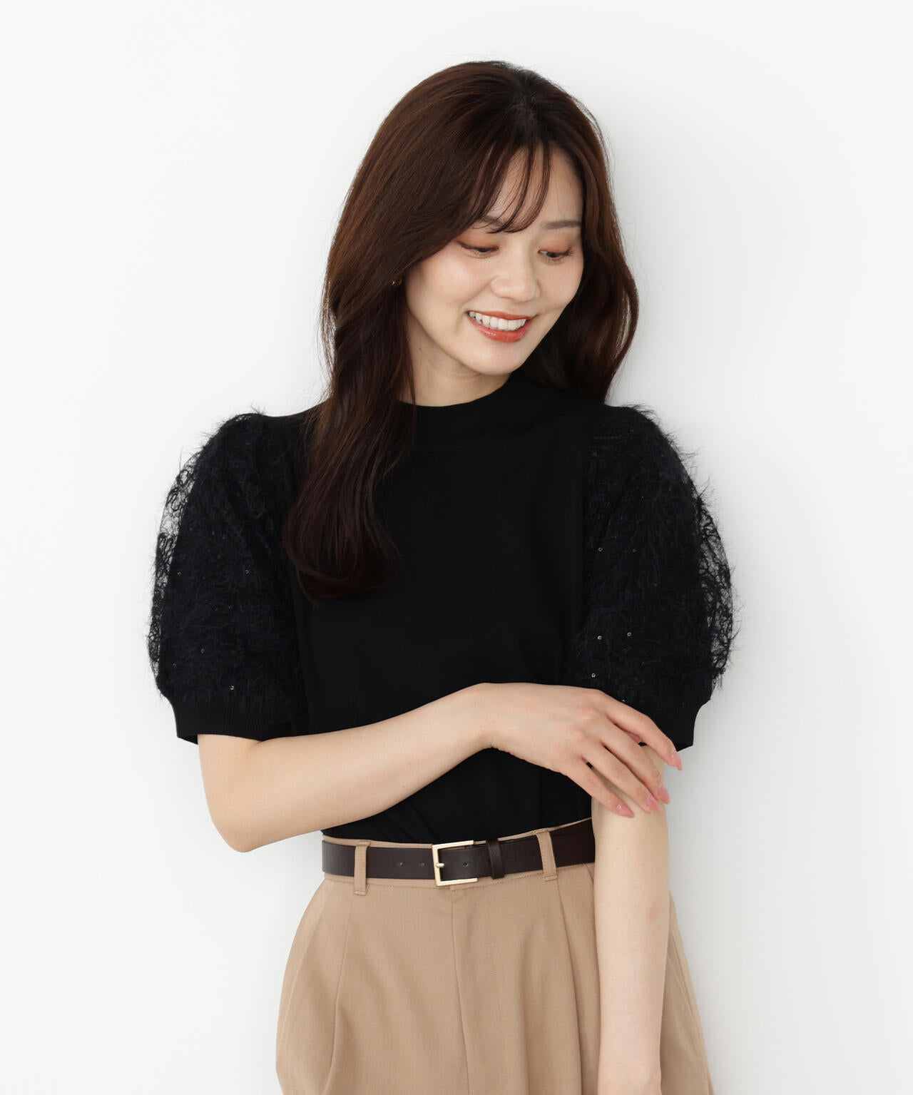 レースドッキングスリーブニット【ベージュ：official site限定】