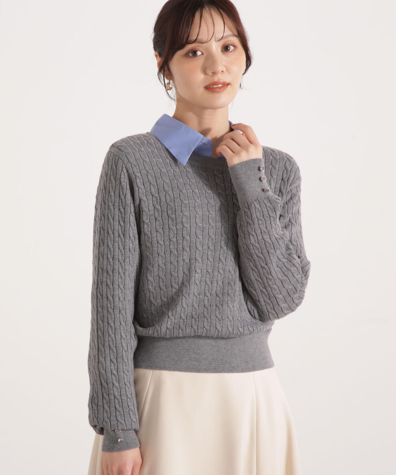 ＜ハンドウォッシャブル＞袖釦ミニケーブルニット