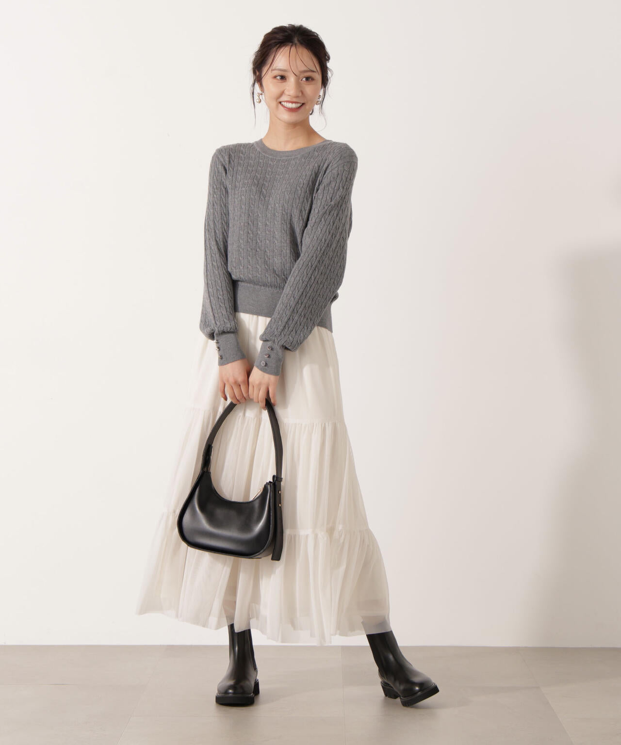 ＜ハンドウォッシャブル＞袖釦ミニケーブルニット