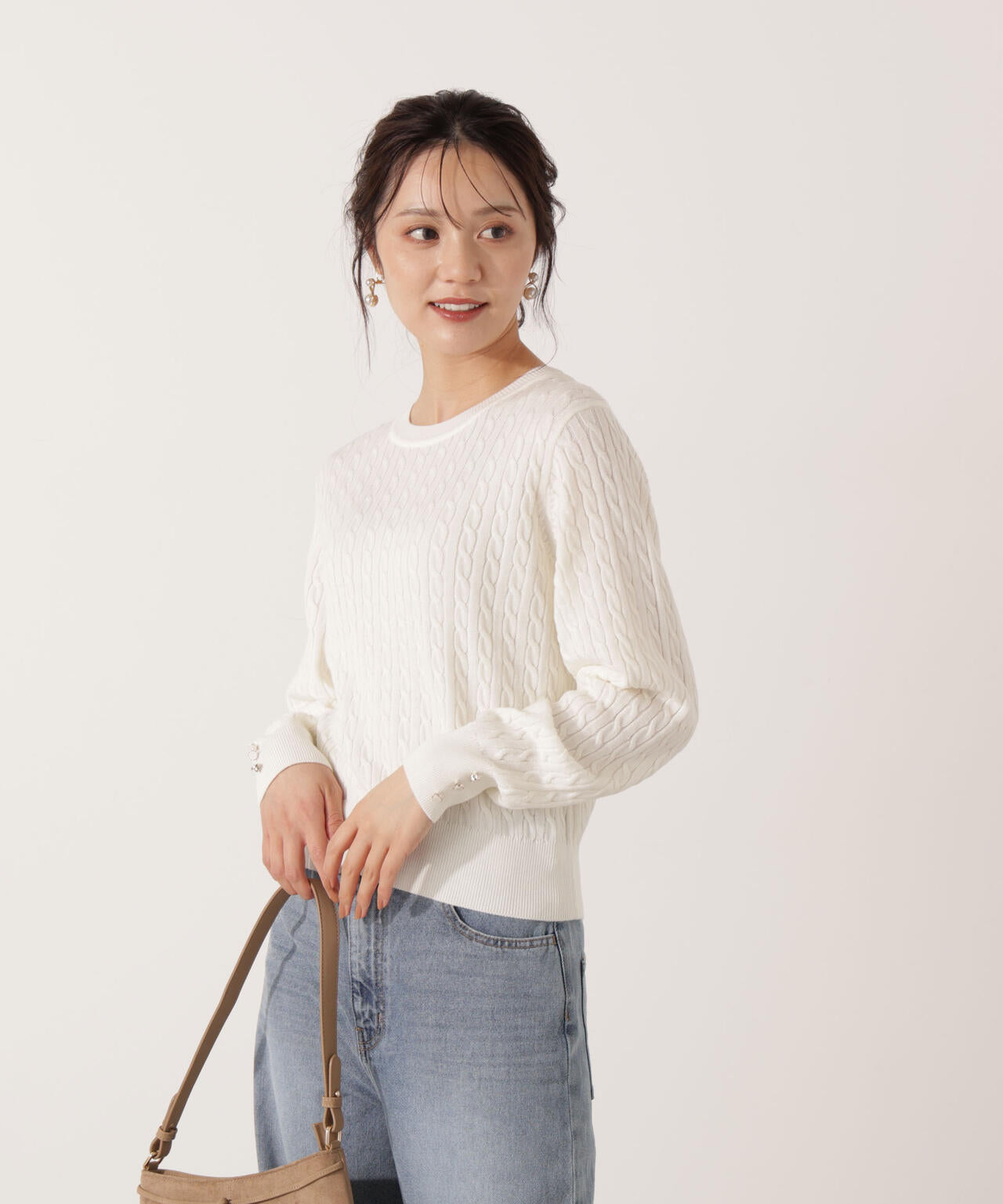 ＜ハンドウォッシャブル＞袖釦ミニケーブルニット