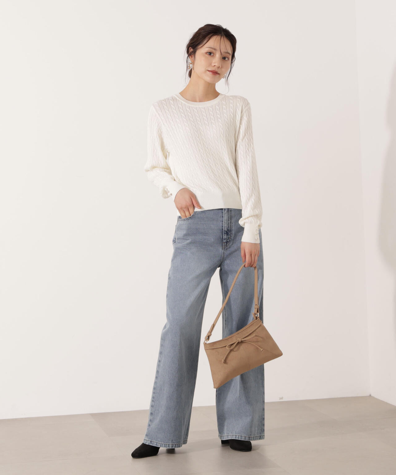 ＜ハンドウォッシャブル＞袖釦ミニケーブルニット