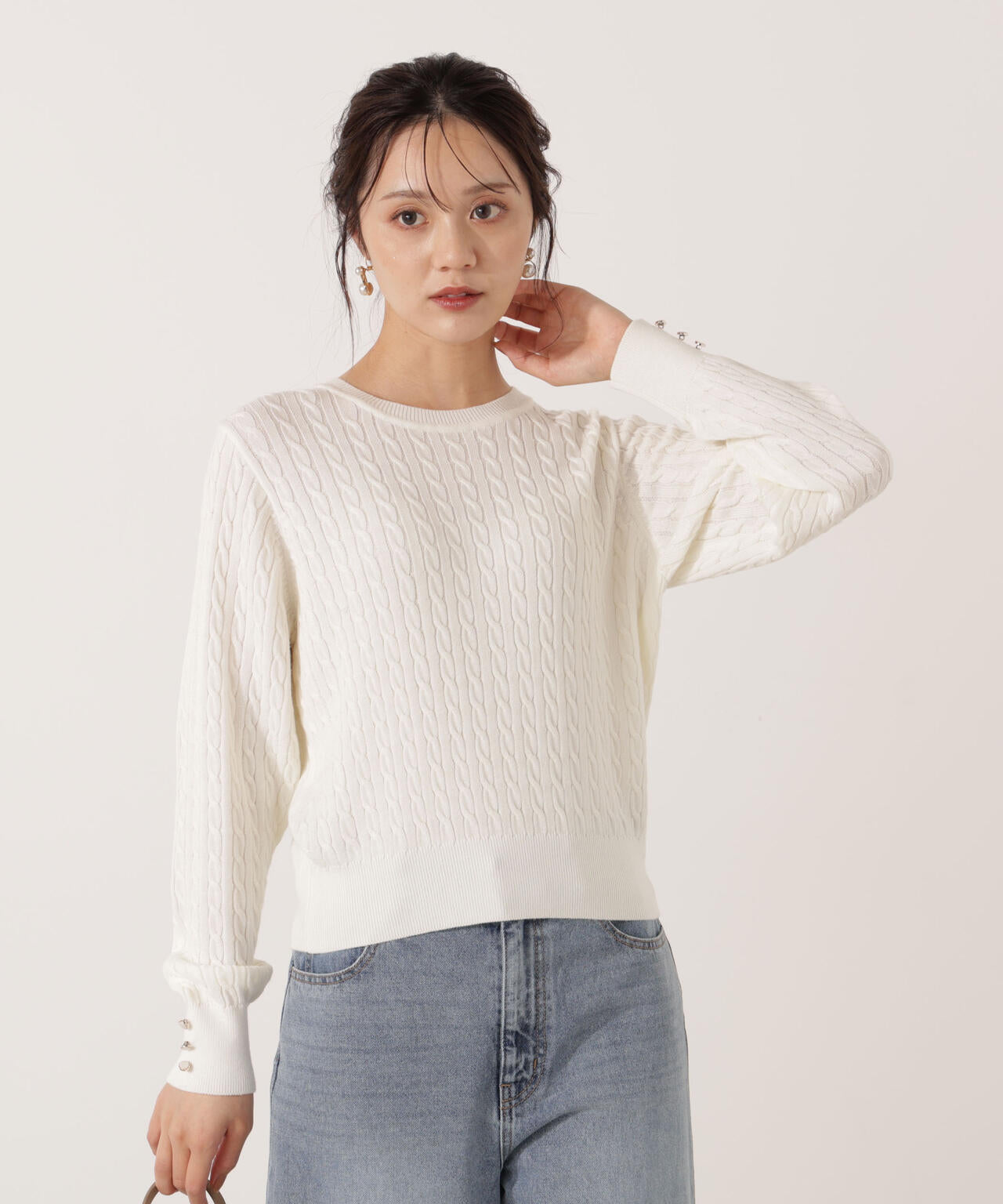 ＜ハンドウォッシャブル＞袖釦ミニケーブルニット