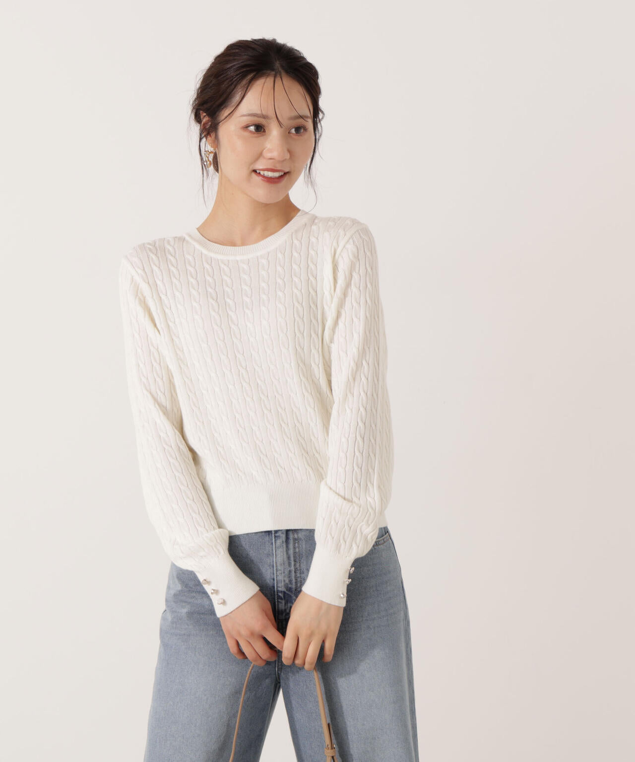 ＜ハンドウォッシャブル＞袖釦ミニケーブルニット
