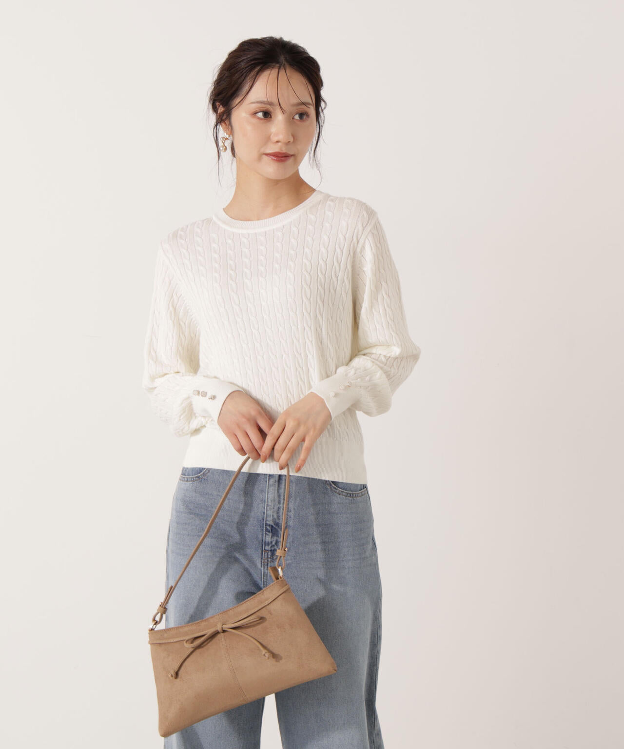 ＜ハンドウォッシャブル＞袖釦ミニケーブルニット