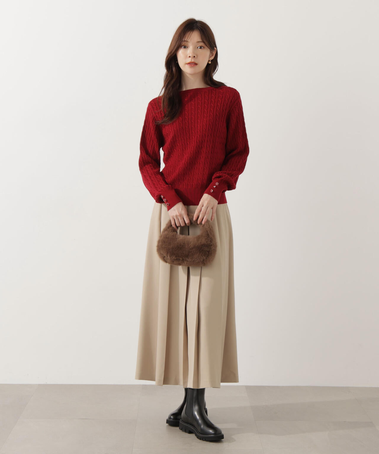 ＜ハンドウォッシャブル＞袖釦ミニケーブルニット