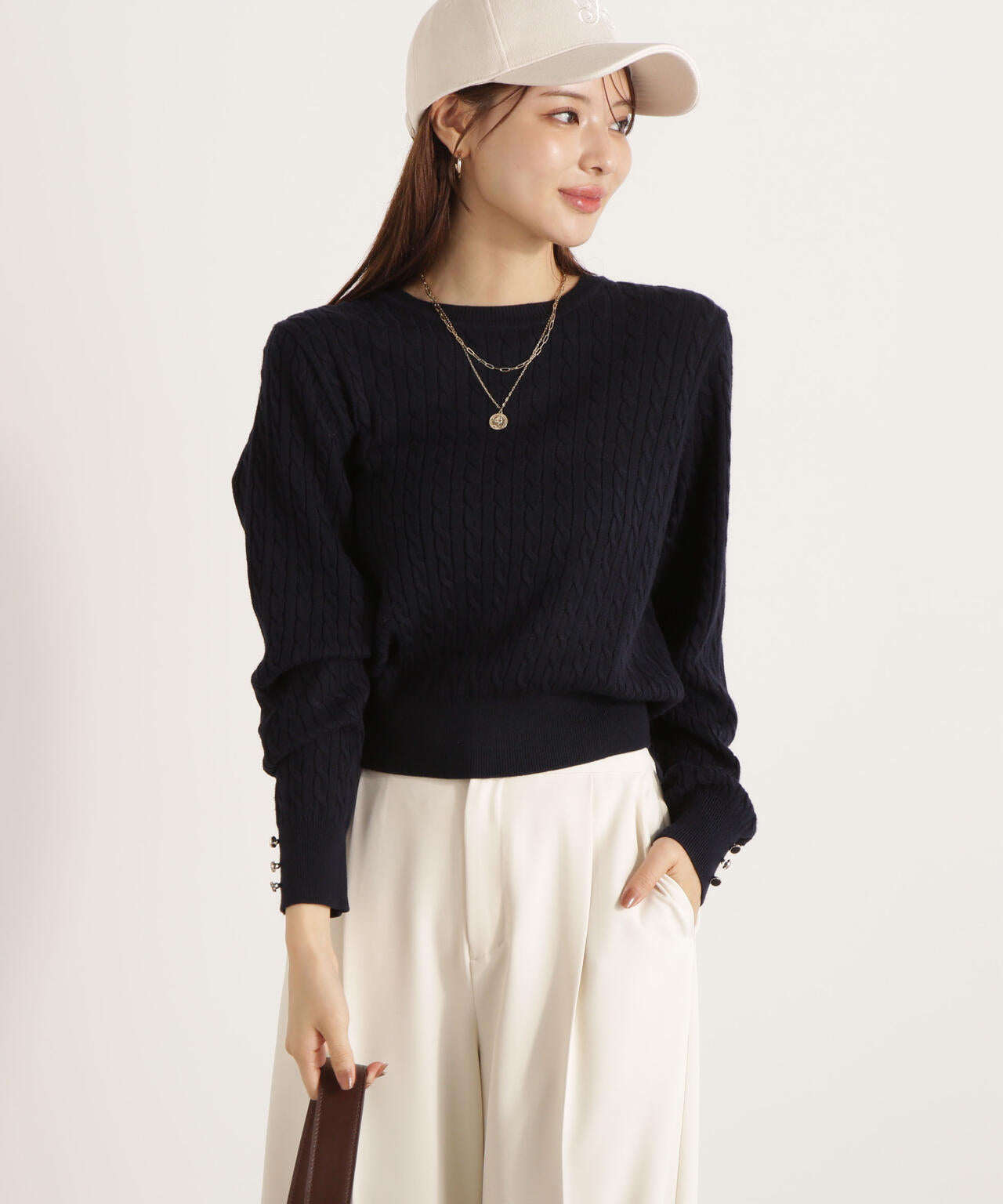 ＜ハンドウォッシャブル＞袖釦ミニケーブルニット