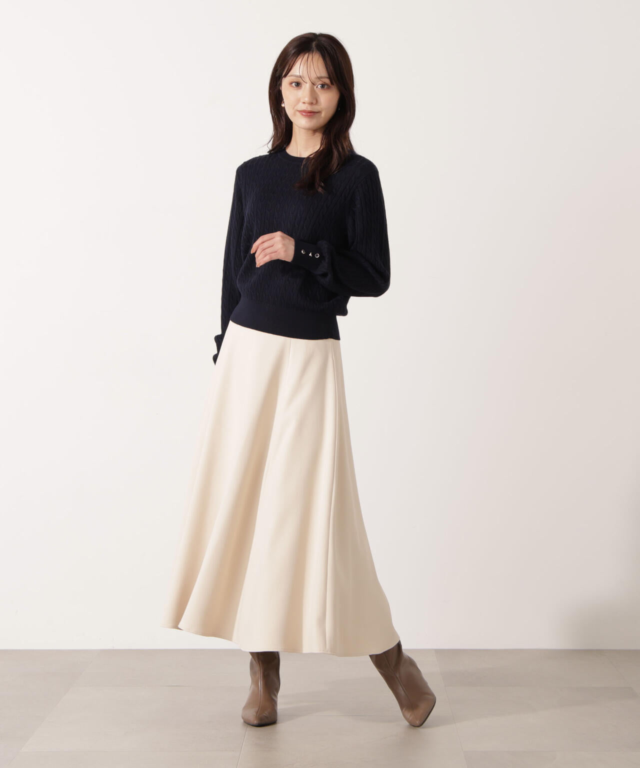 ＜ハンドウォッシャブル＞袖釦ミニケーブルニット