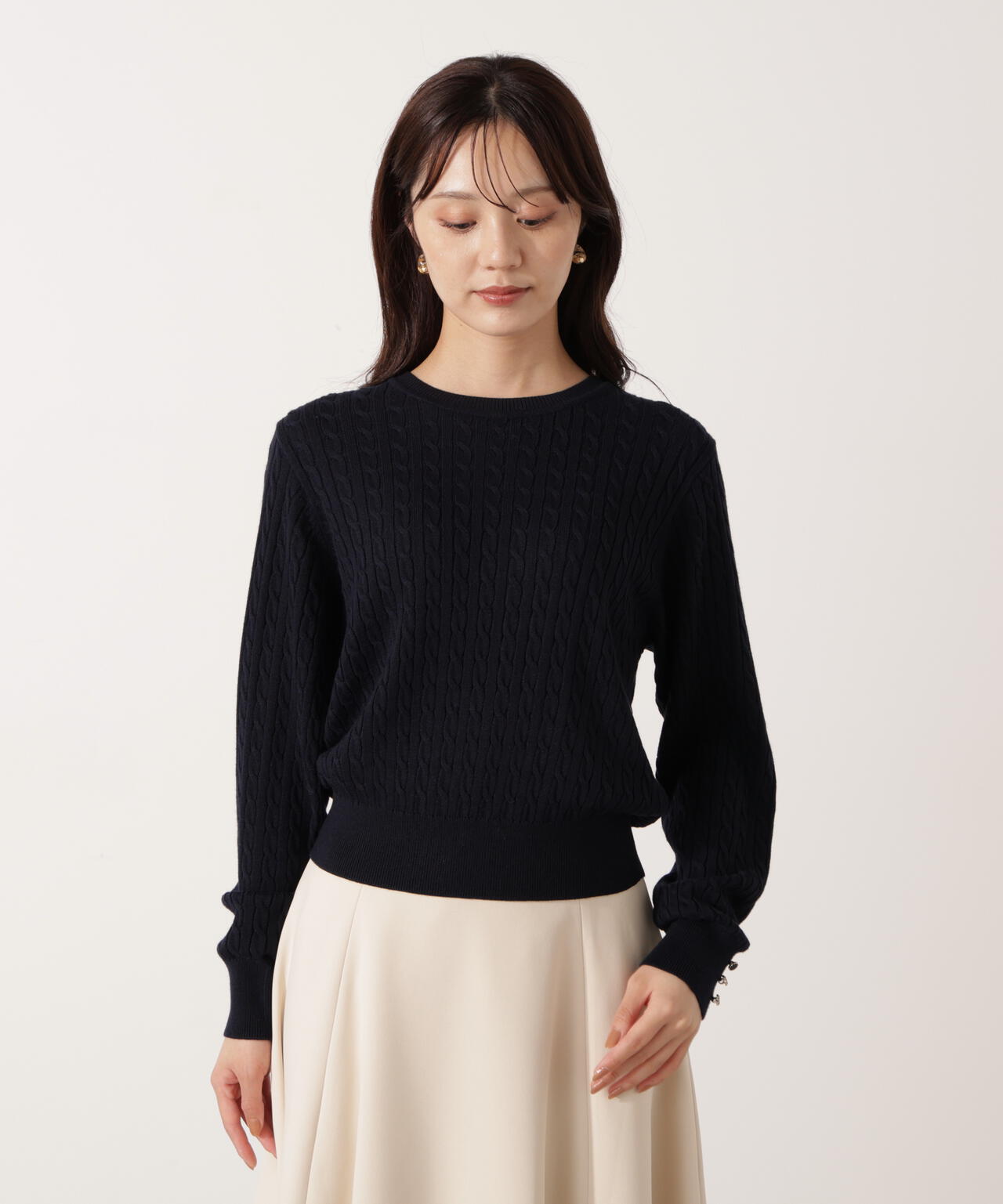 ＜ハンドウォッシャブル＞袖釦ミニケーブルニット