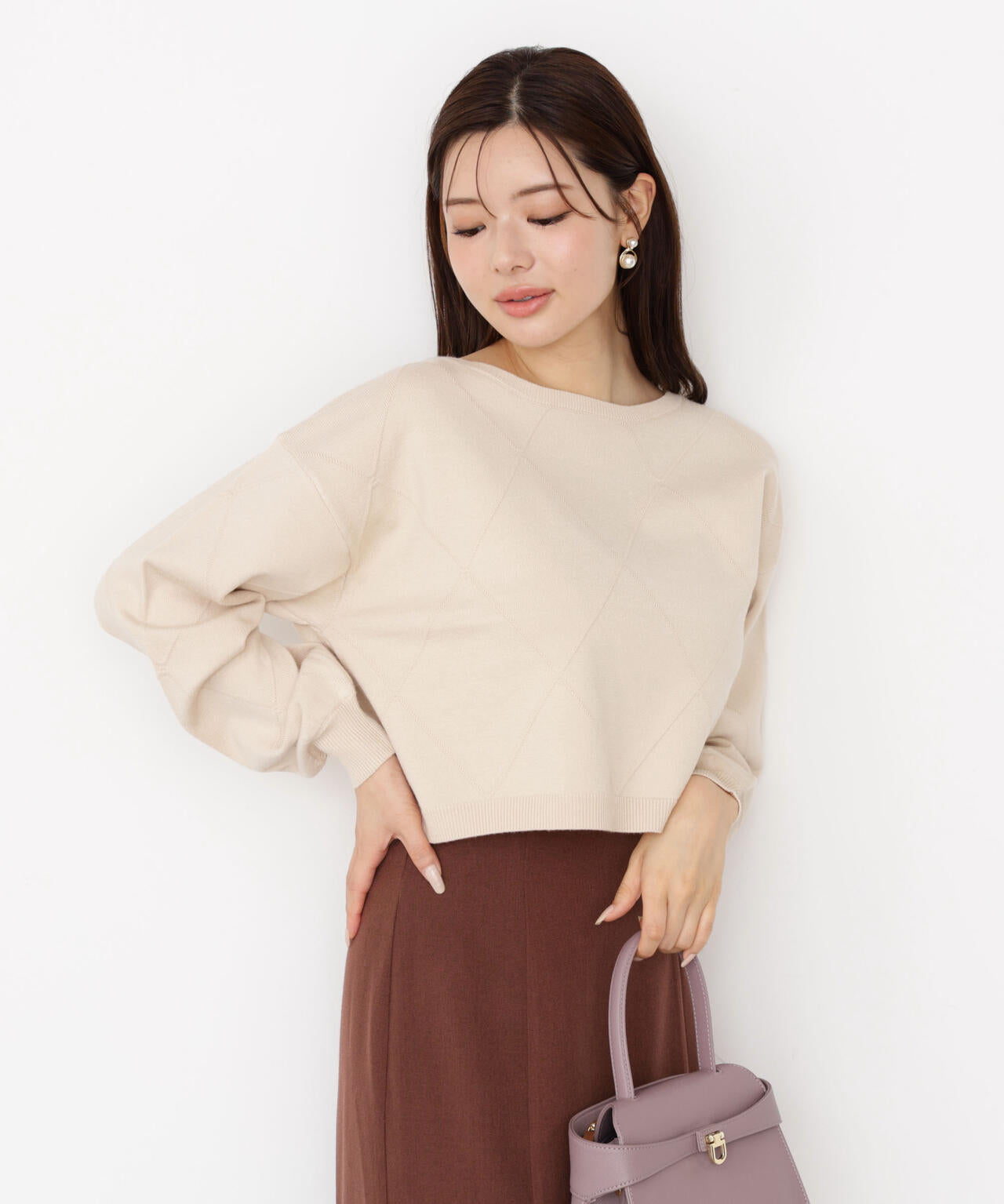 ＜ハンドウォッシャブル＞ダイヤ柄短丈ニット