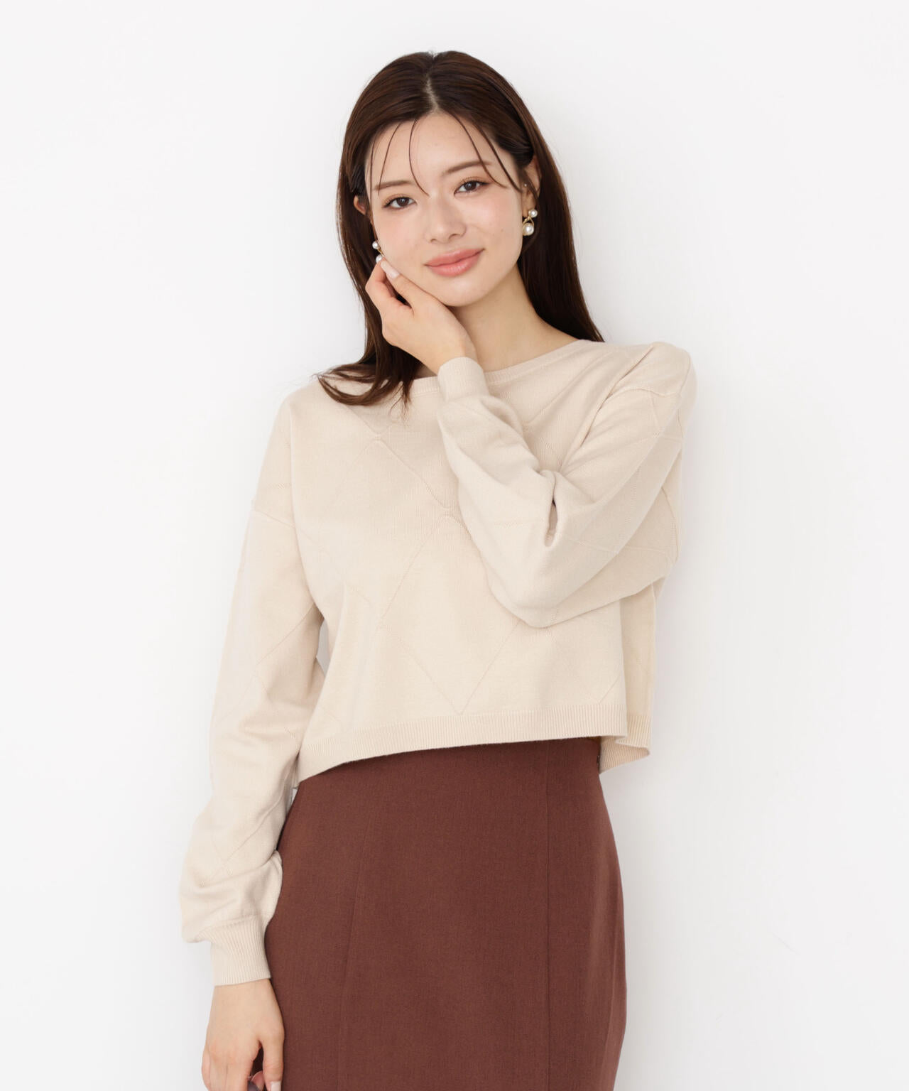 ＜ハンドウォッシャブル＞ダイヤ柄短丈ニット