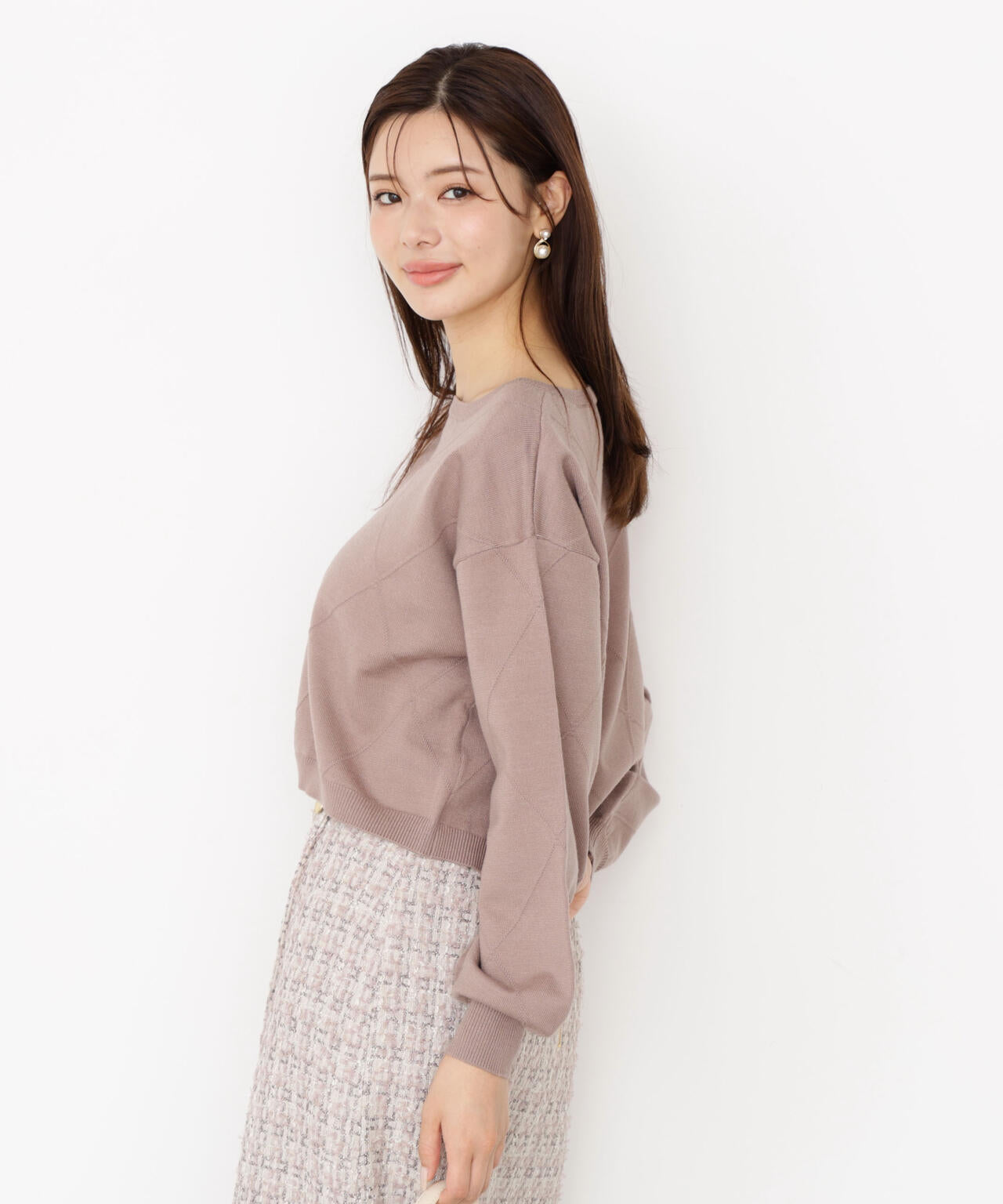 ＜ハンドウォッシャブル＞ダイヤ柄短丈ニット