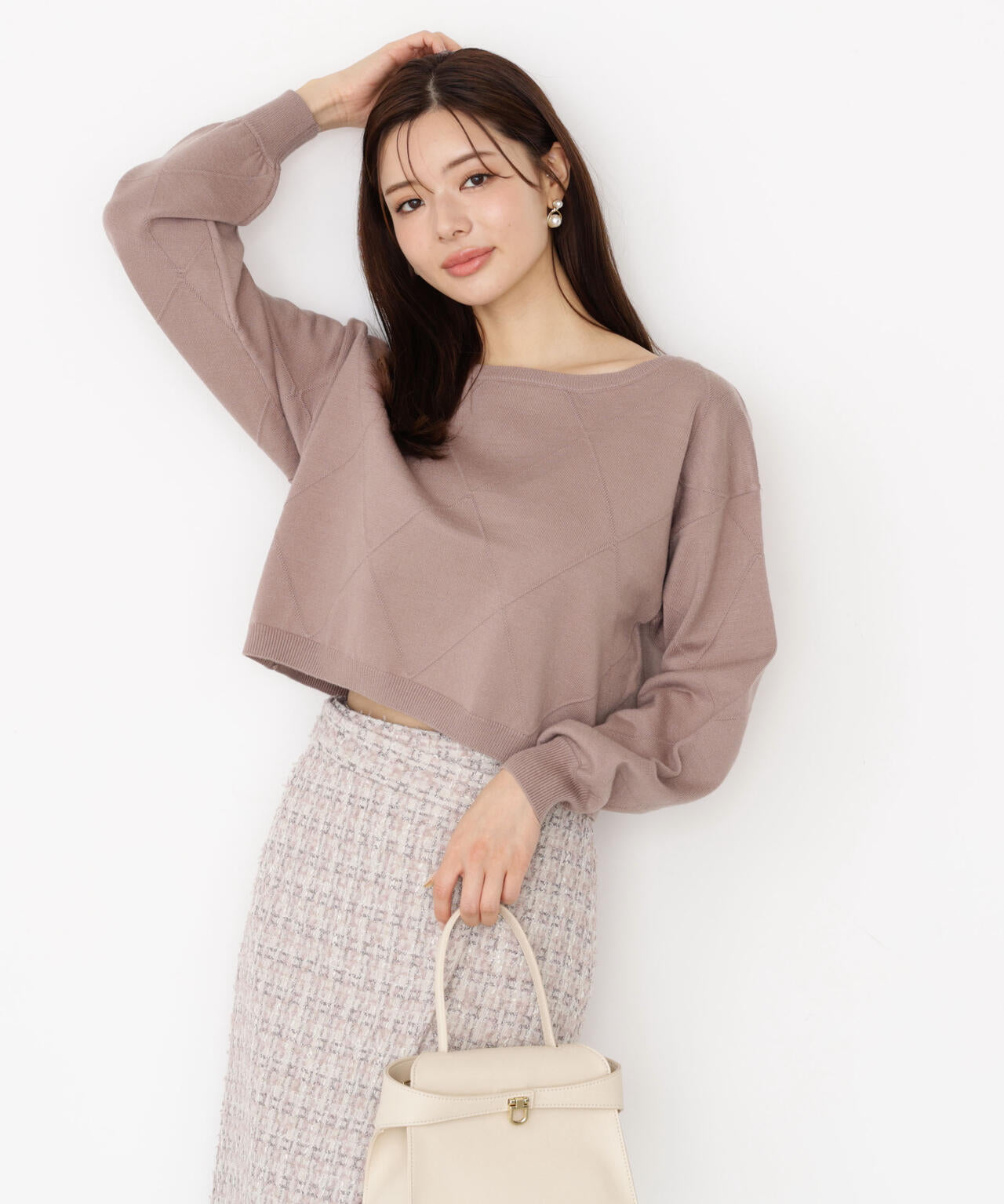 ＜ハンドウォッシャブル＞ダイヤ柄短丈ニット