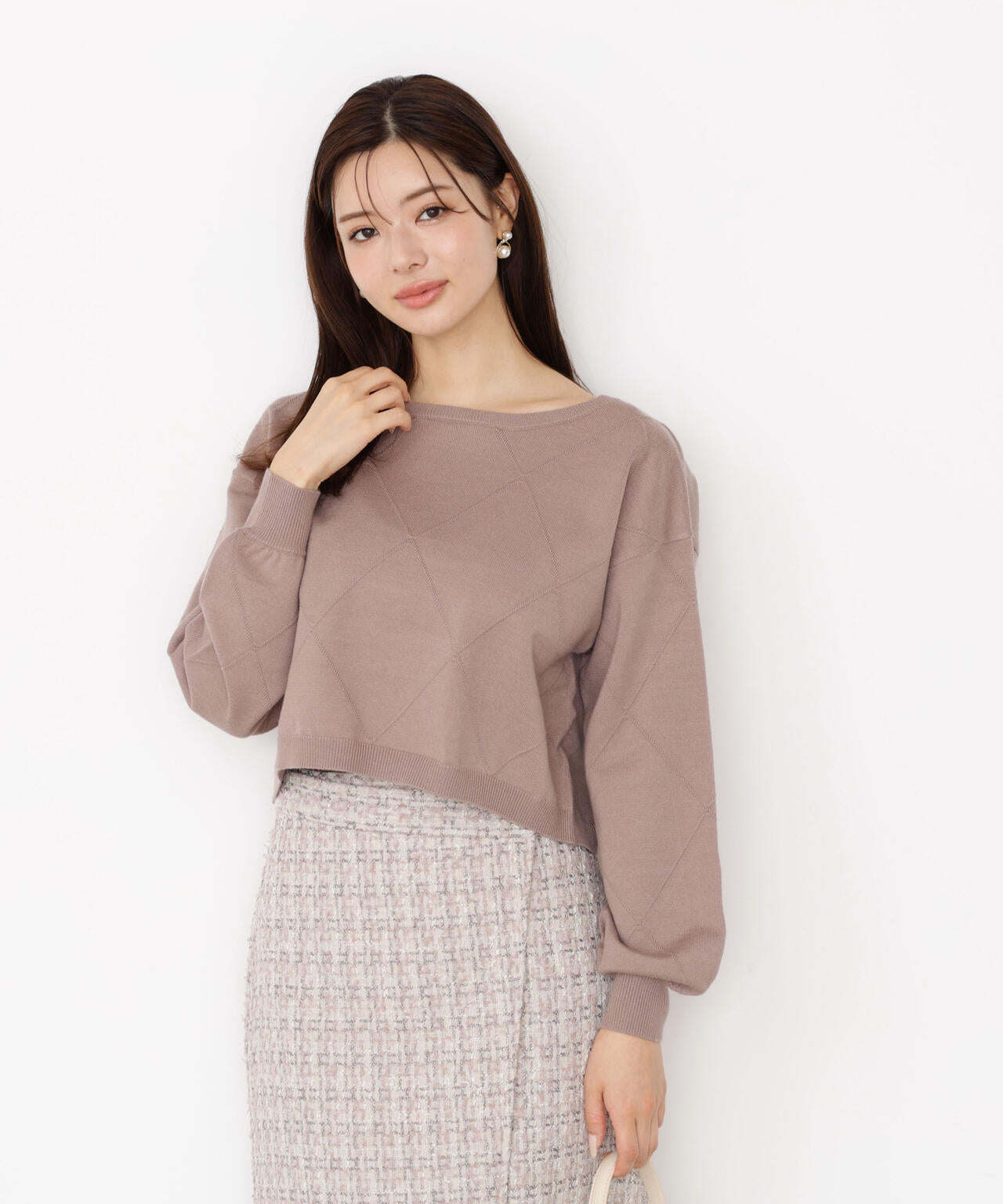 ＜ハンドウォッシャブル＞ダイヤ柄短丈ニット