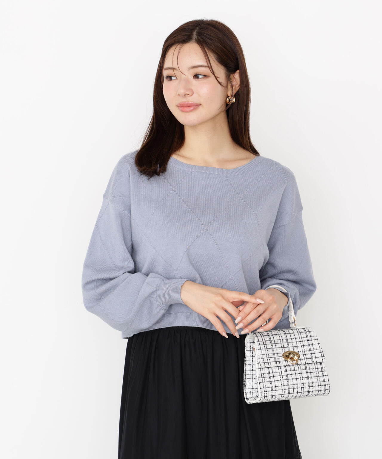 ＜ハンドウォッシャブル＞ダイヤ柄短丈ニット