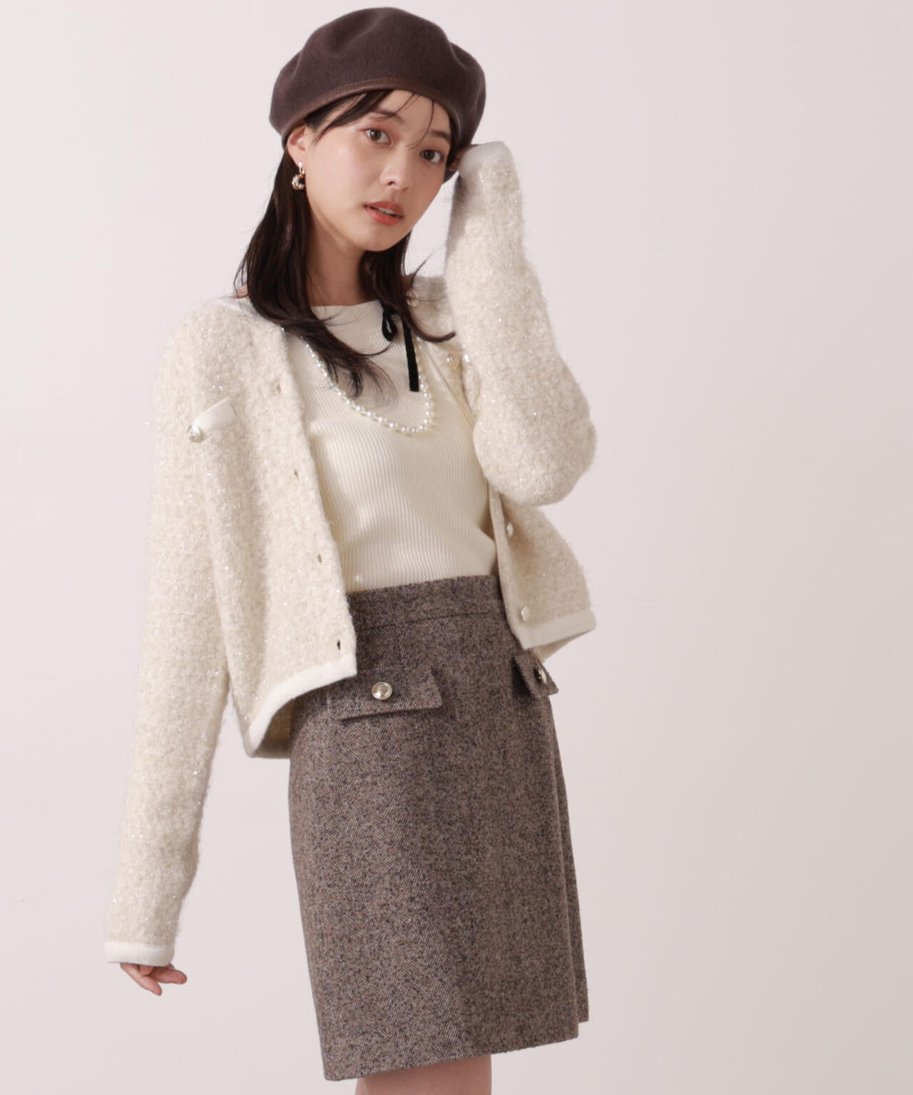 ファンシーツイード風ニットカーディガン