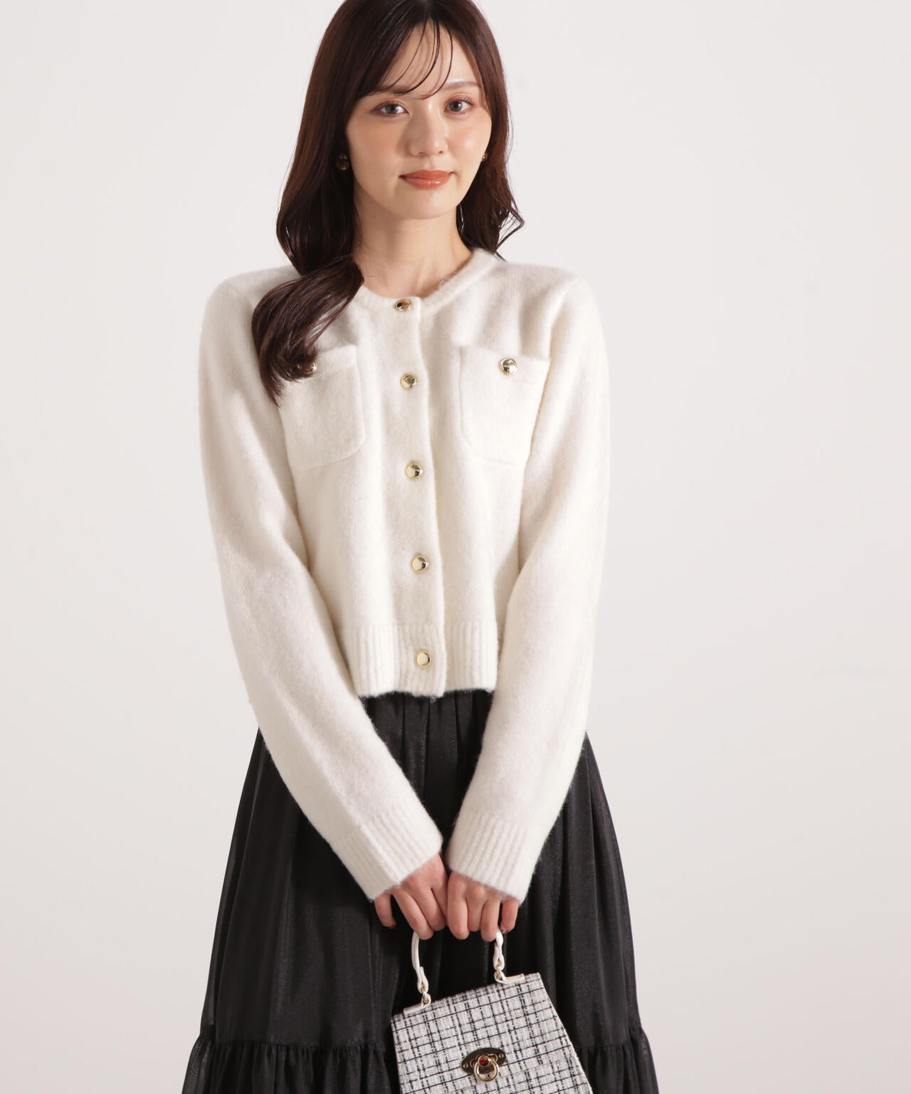 【加藤栞さん着用】釦POINTウール混カーディガン