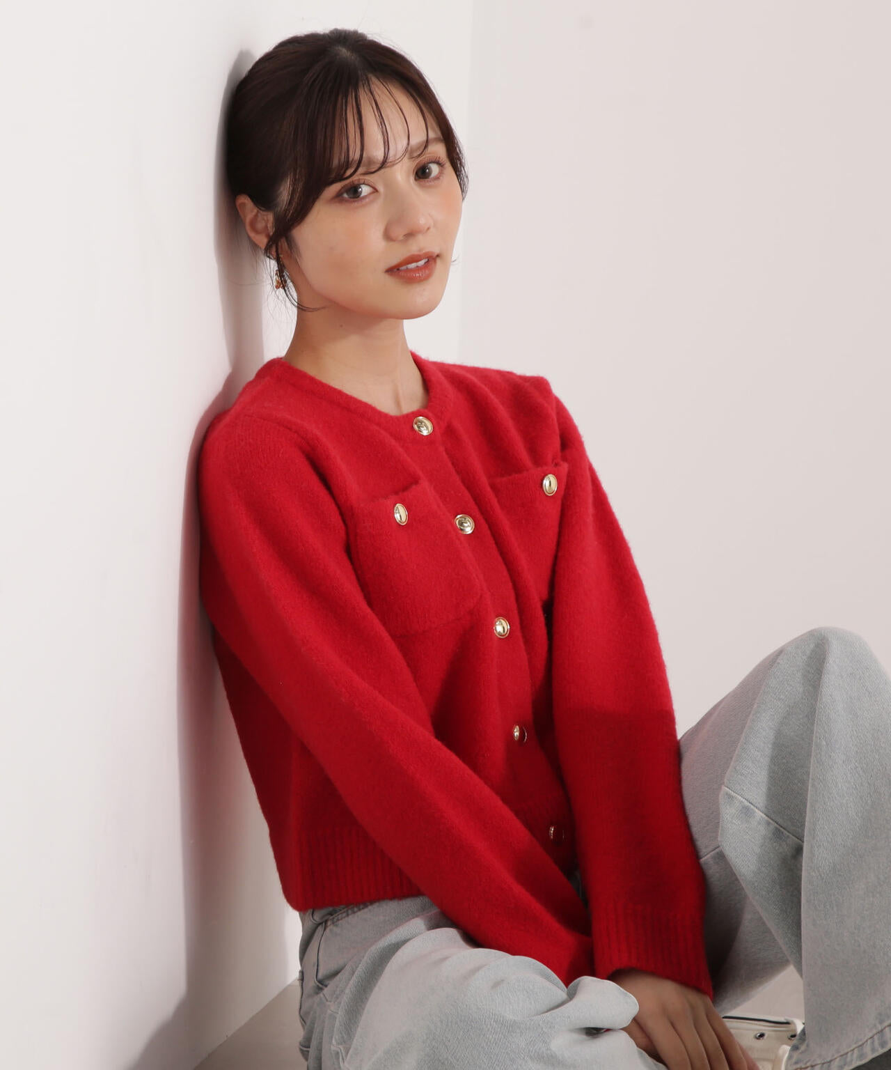 【加藤栞さん着用】釦POINTウール混カーディガン