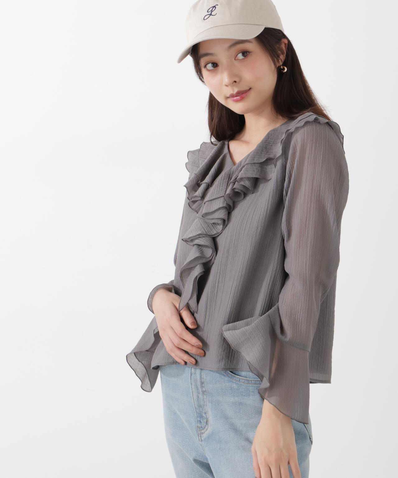 シアー楊柳ラッフルブラウス
