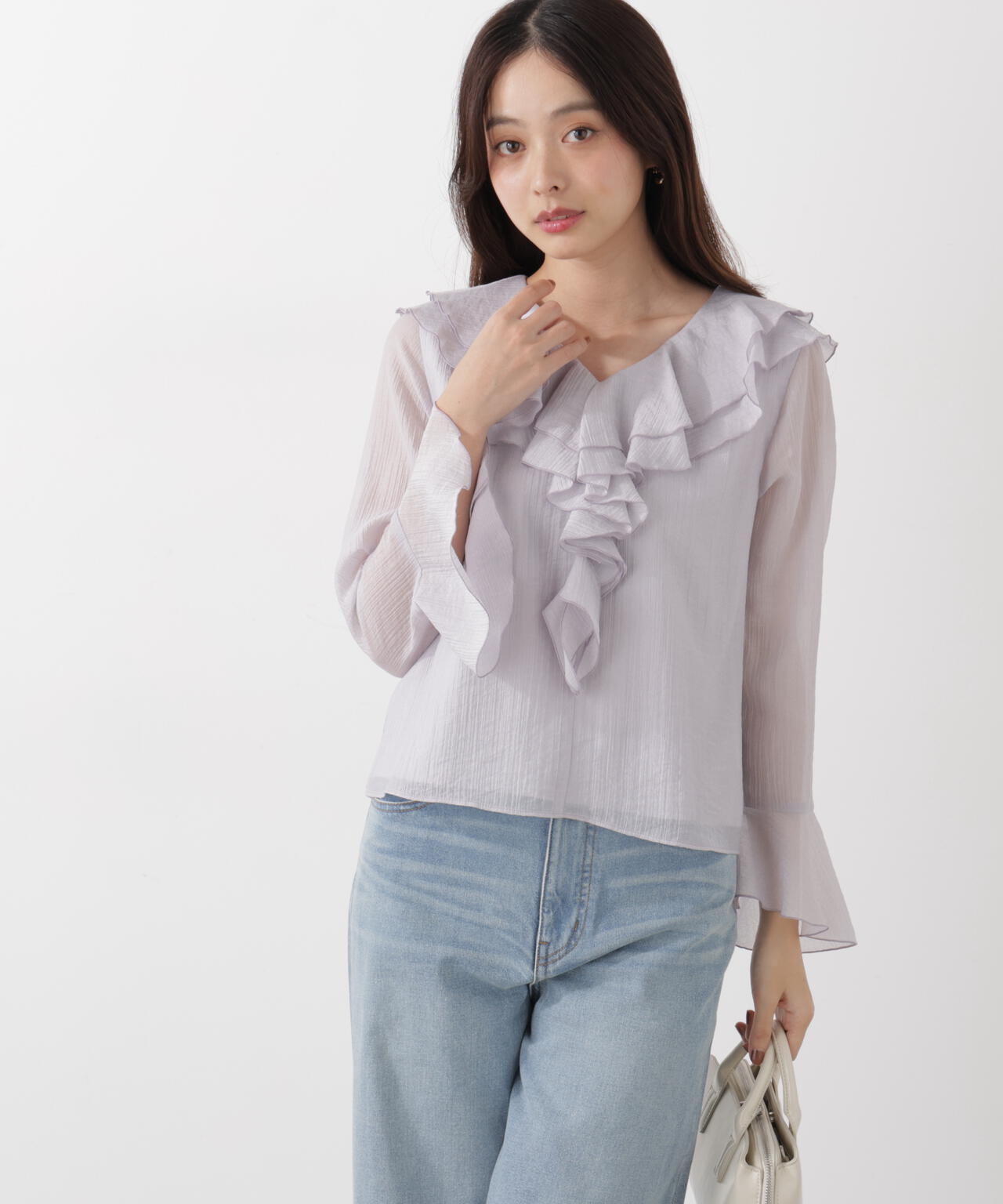 シアー楊柳ラッフルブラウス