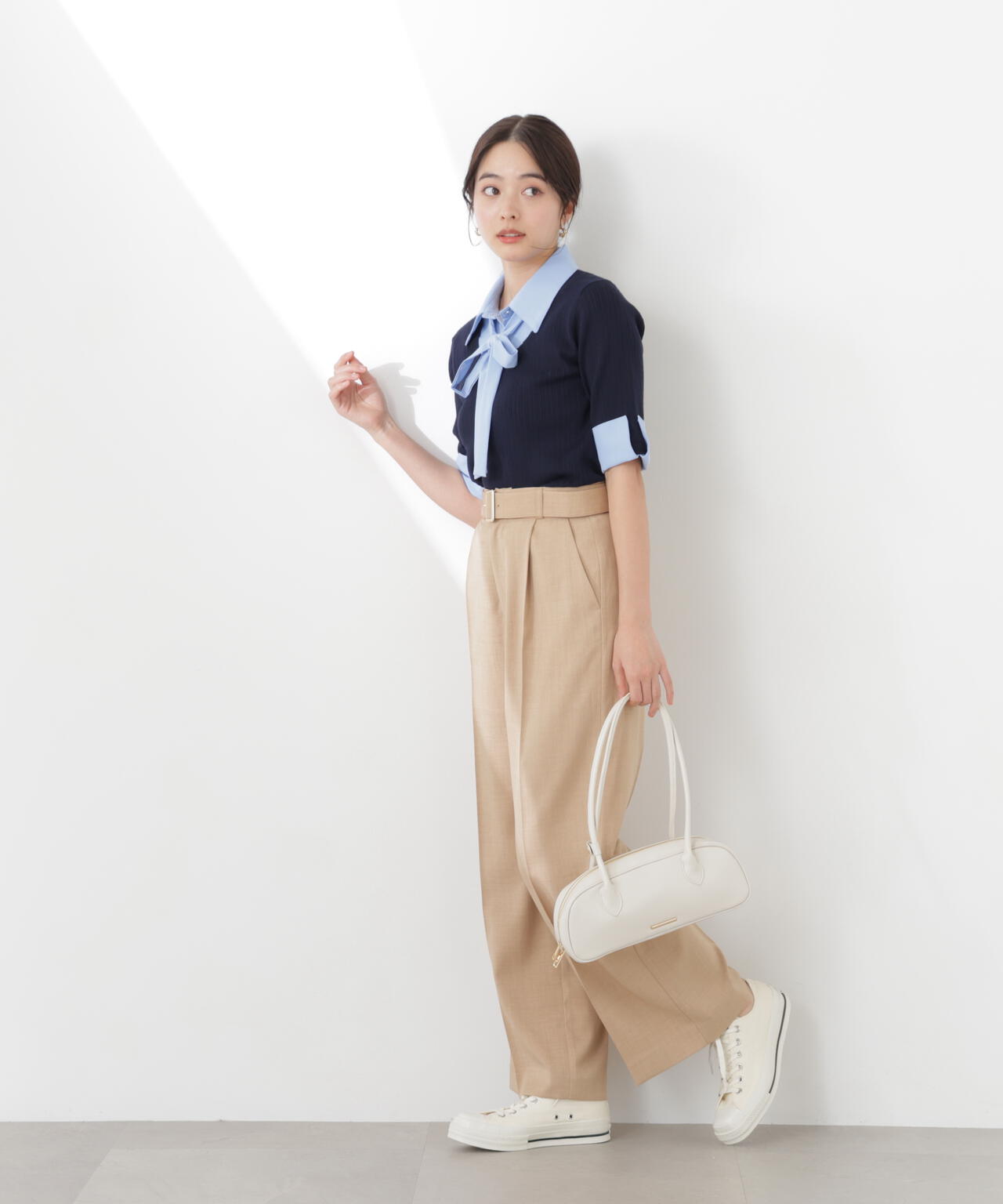 ＜ウォッシャブル＞ベルト付きタックワイドパンツ