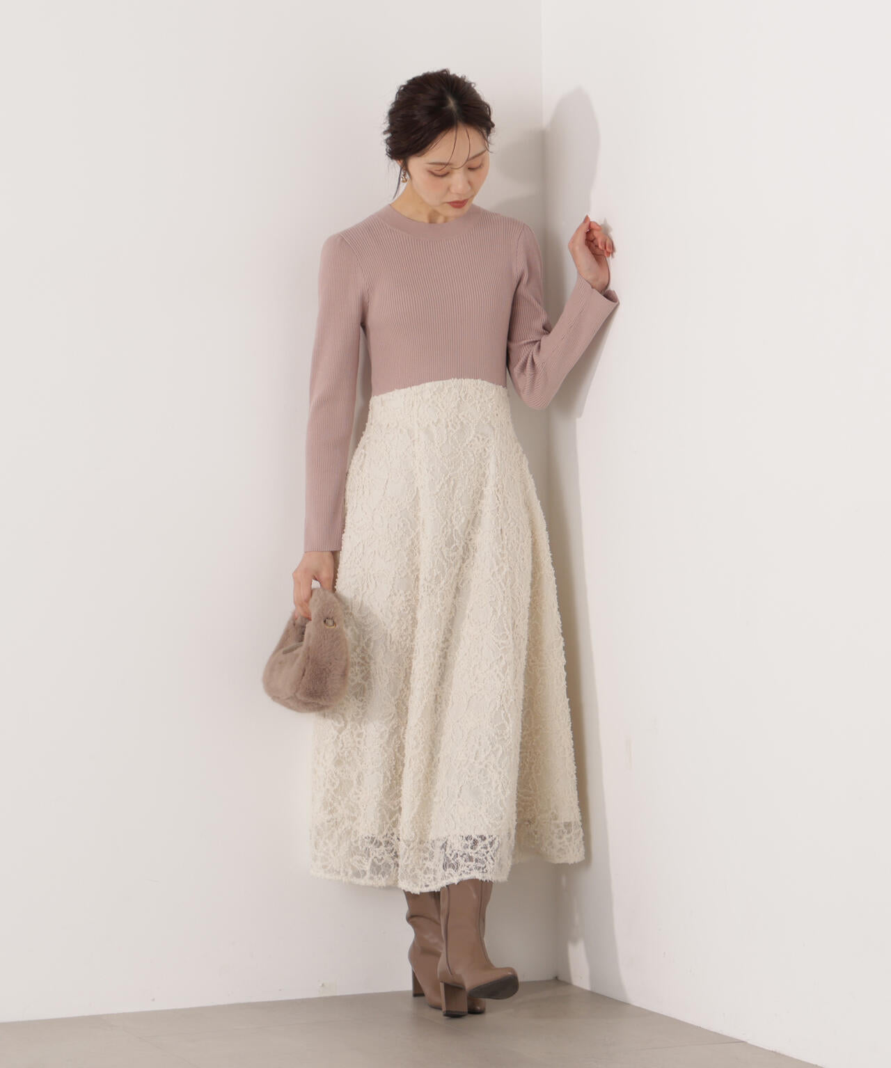 レースドッキングニットワンピース