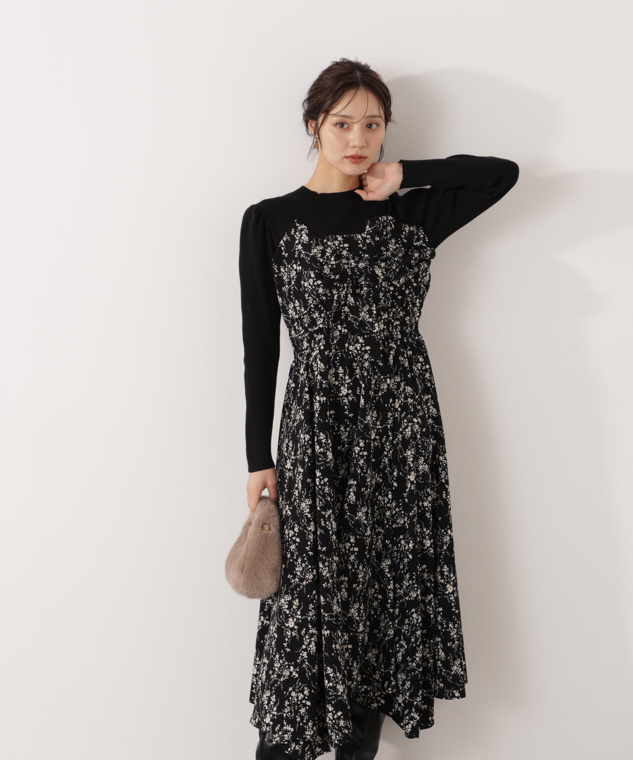 フロントリボン花柄ドッキングワンピース