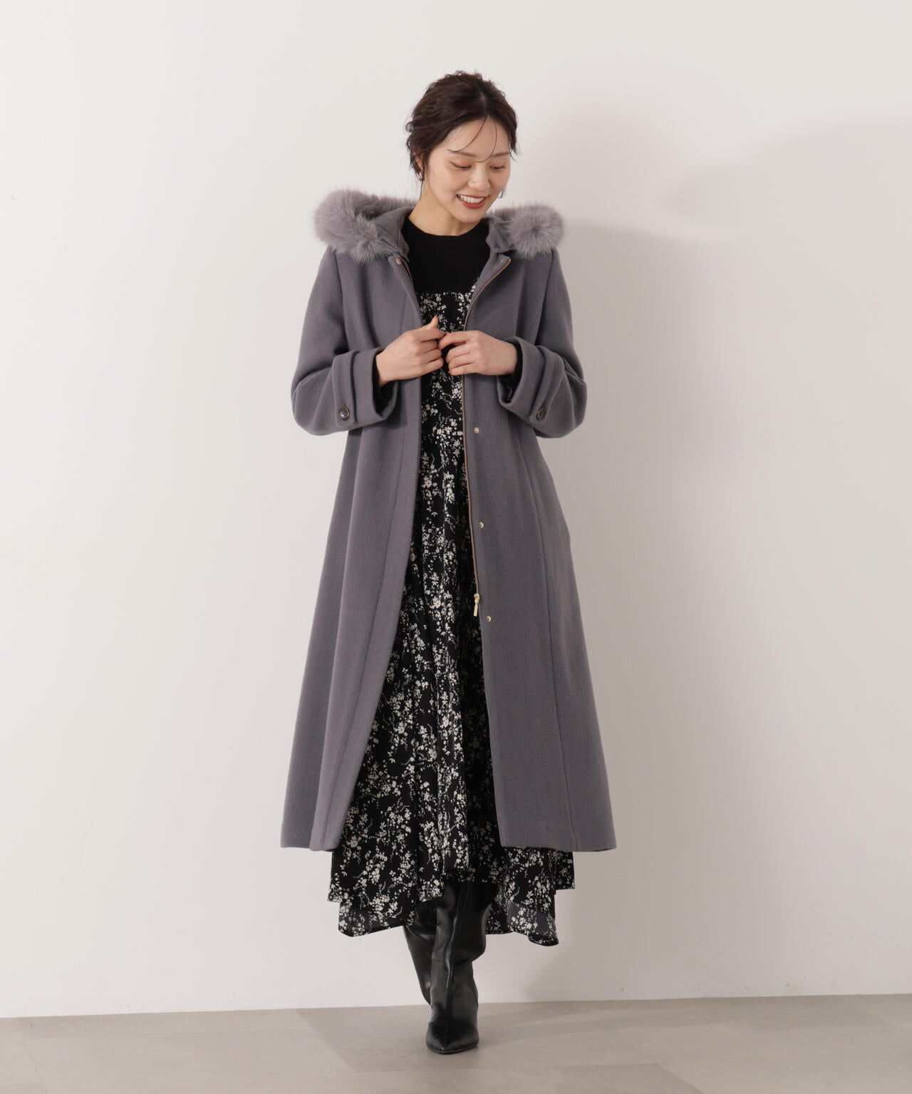 フロントリボン花柄ドッキングワンピース