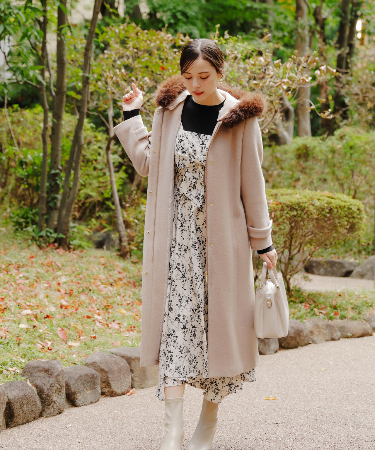 フロントリボン花柄ドッキングワンピース