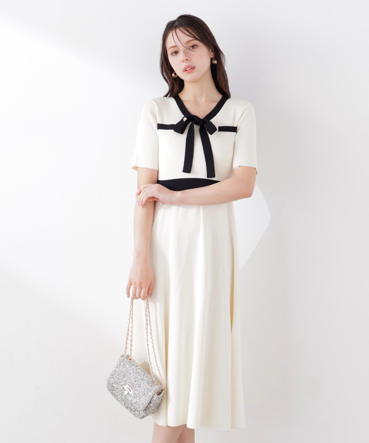 リボンタイバイカラーニットワンピース