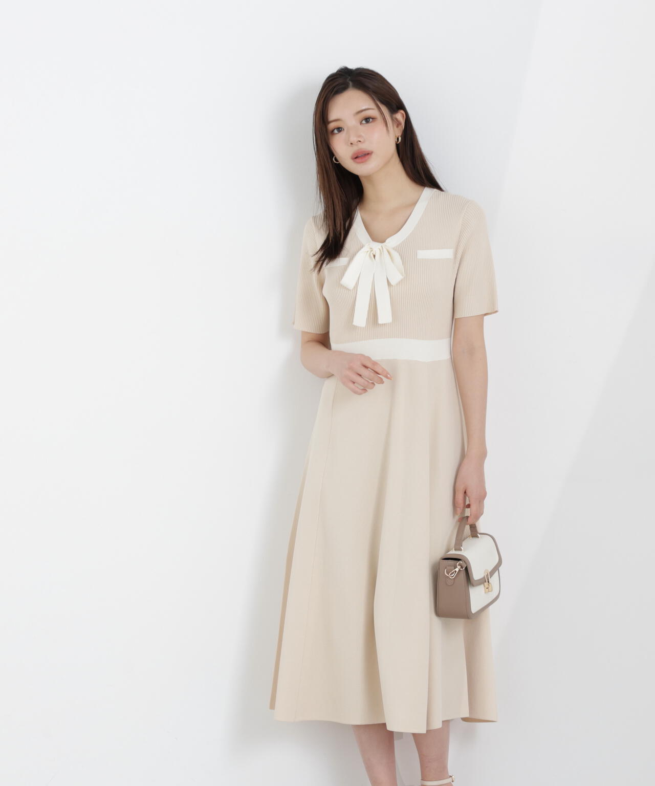 リボンタイバイカラーニットワンピース