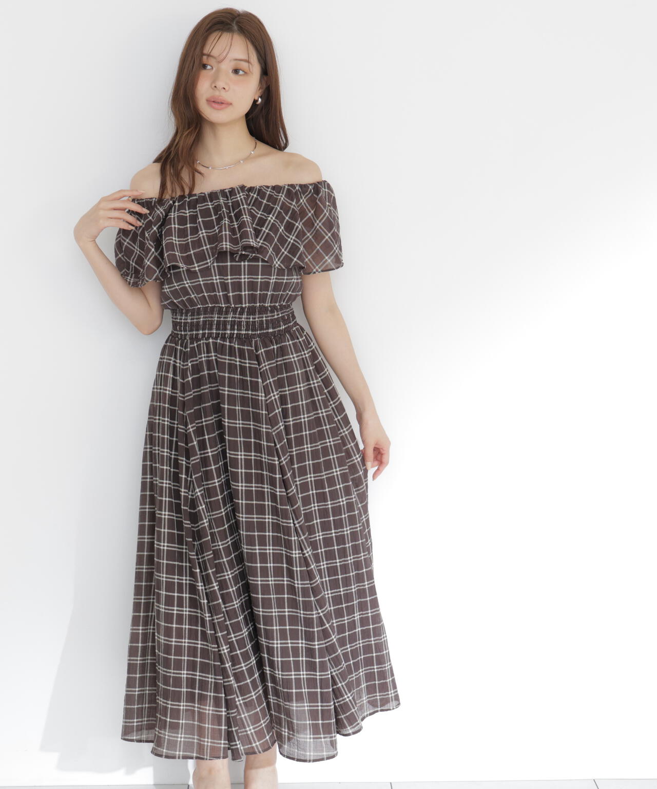 シアーチェック2WAYオフショルワンピース