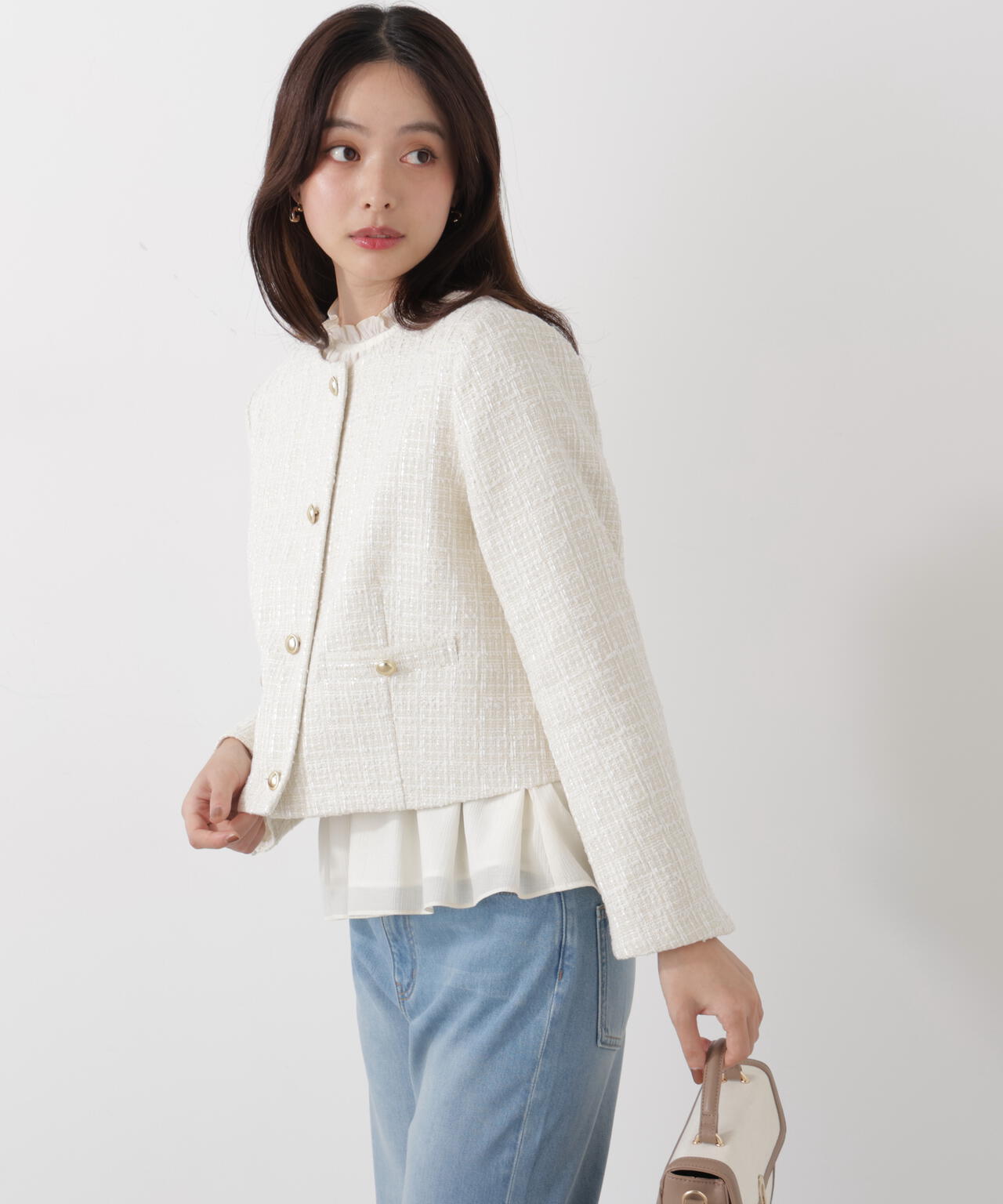 ノーカラーツイードジャケット