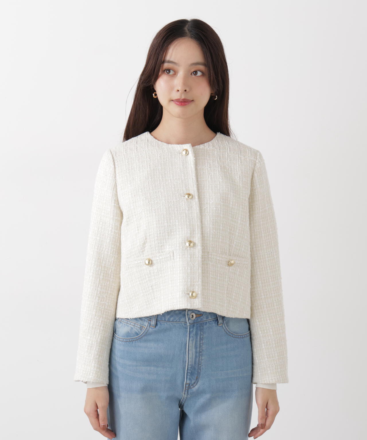 ノーカラーツイードジャケット