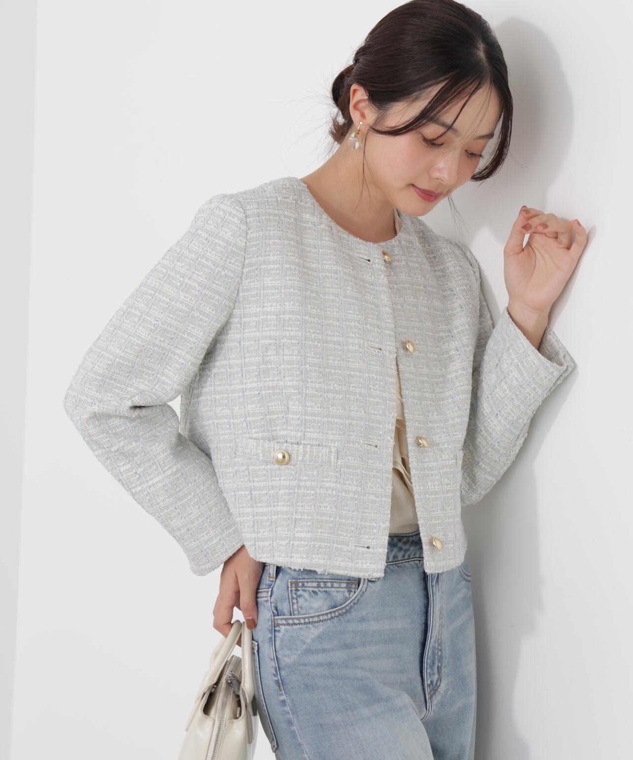 ノーカラーツイードジャケット