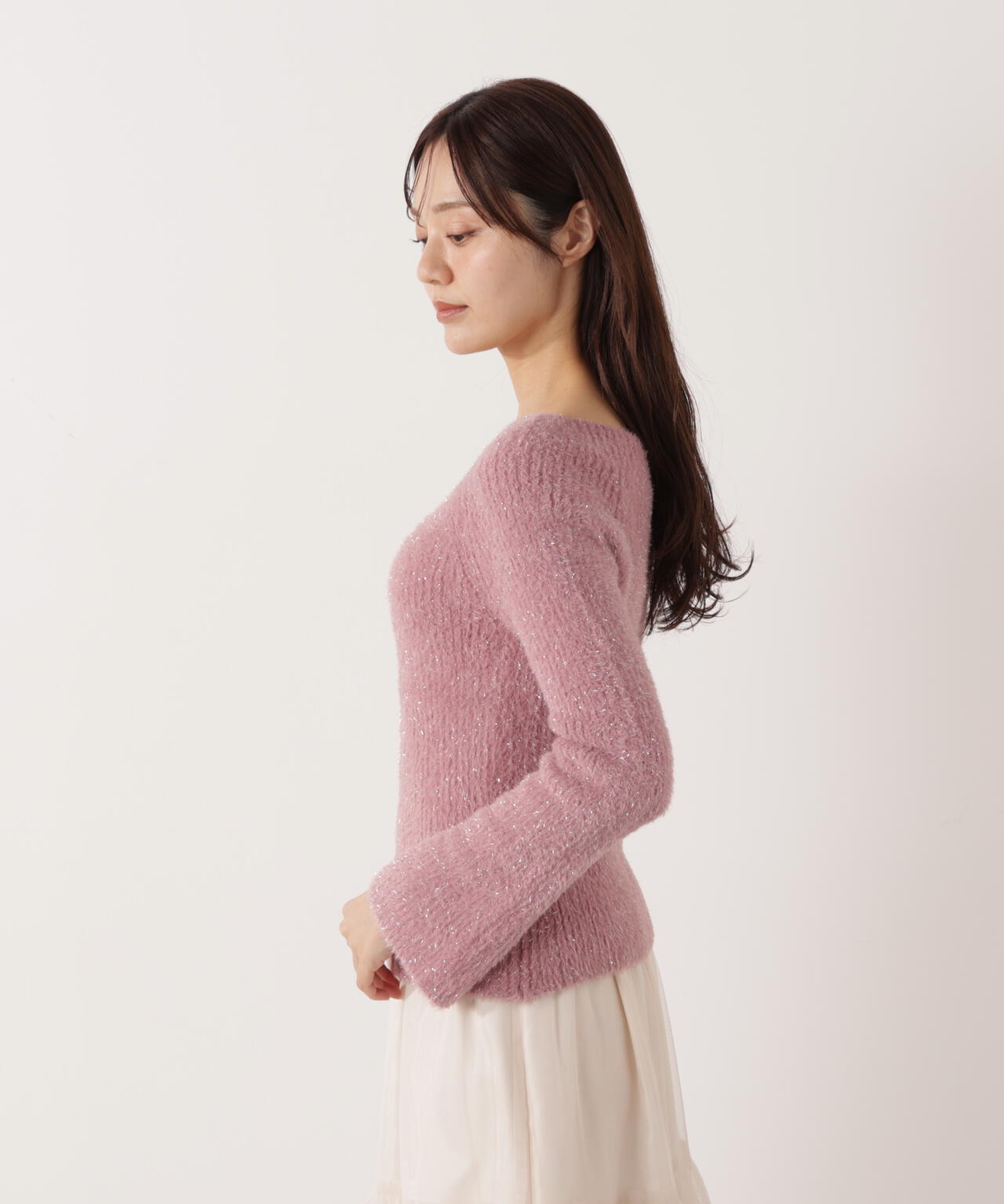 ラメフェザーボートネックニット